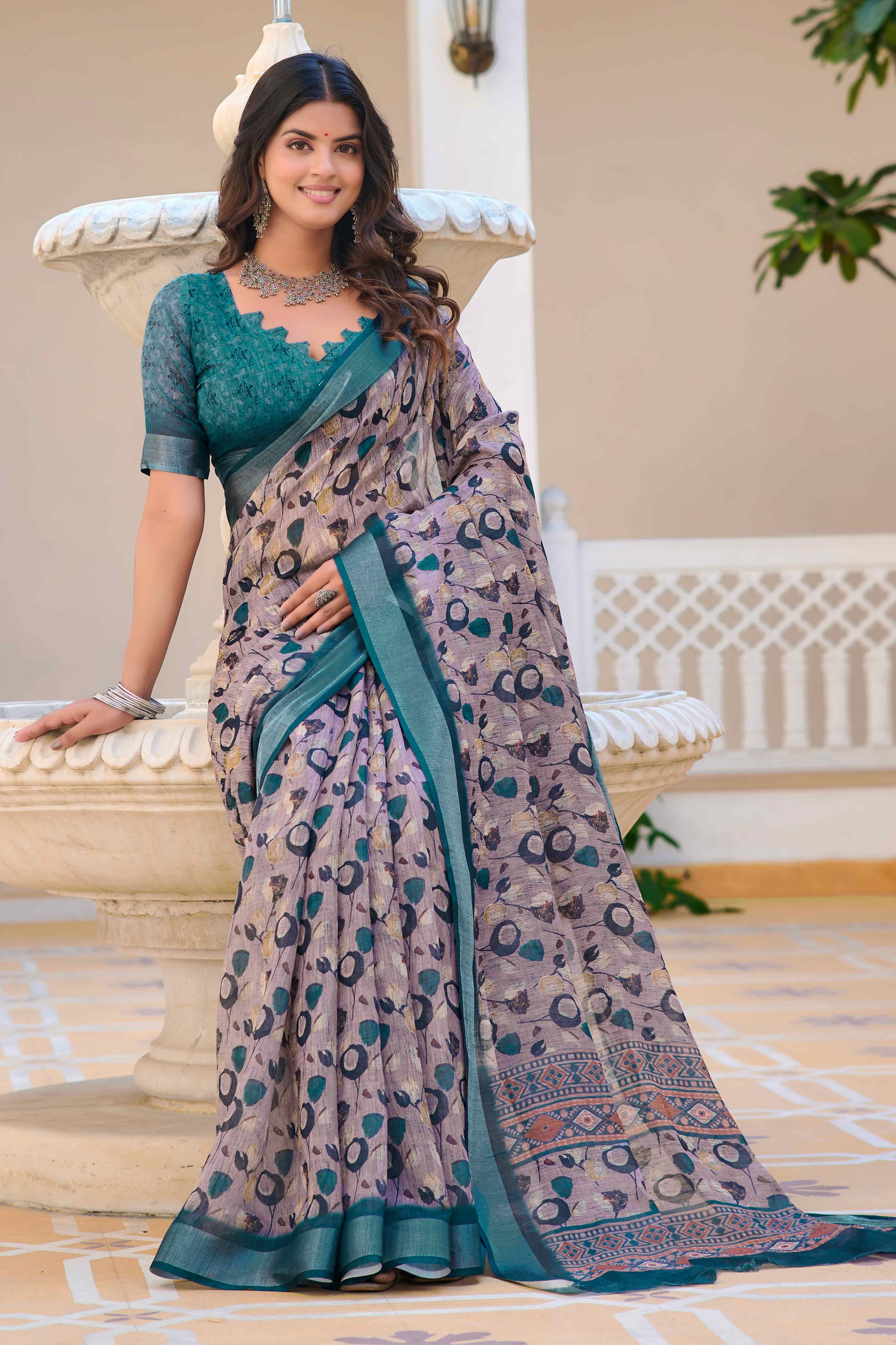 Grey Floral Printed Linen Saree