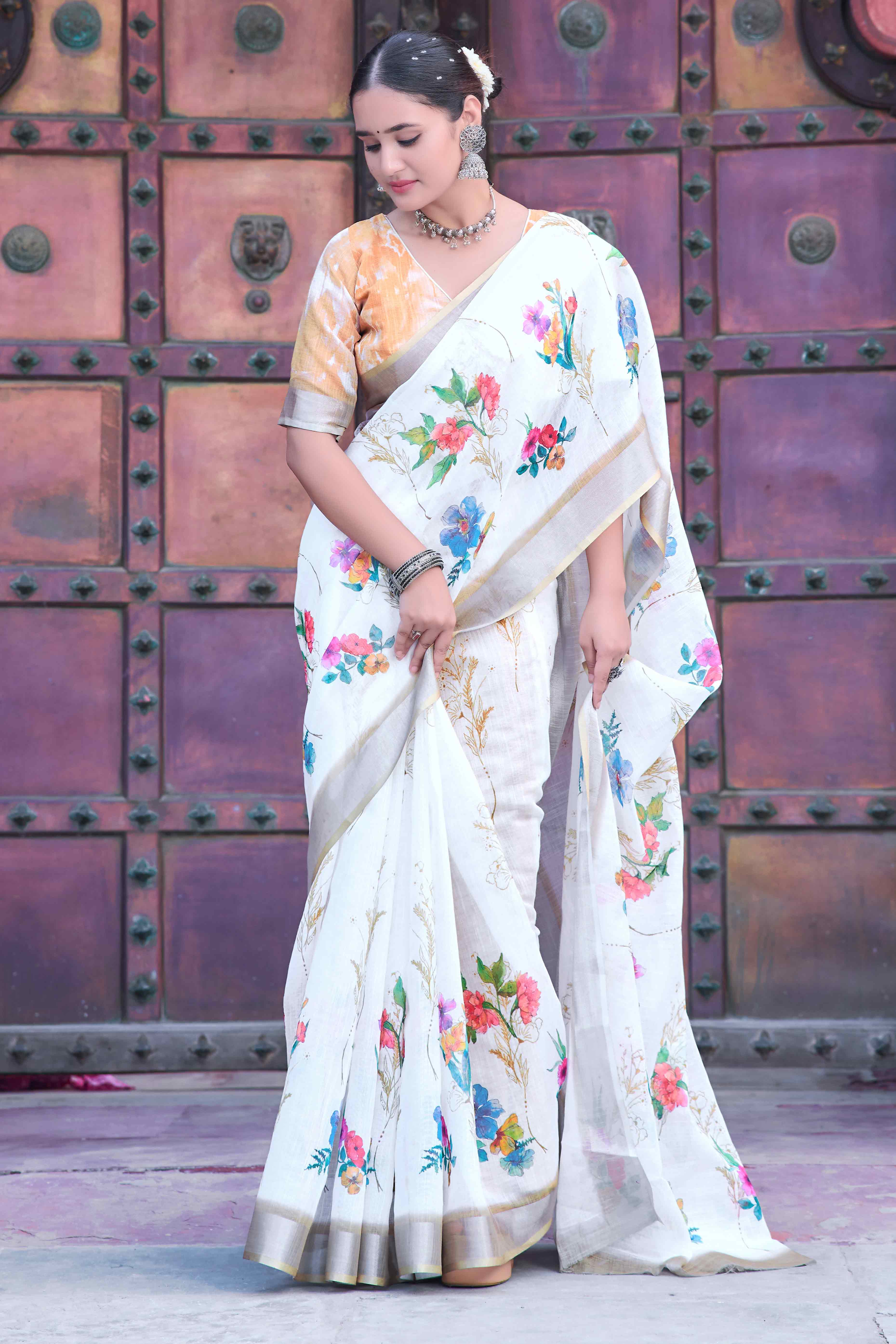 Off White Floral Printed Linen Saree