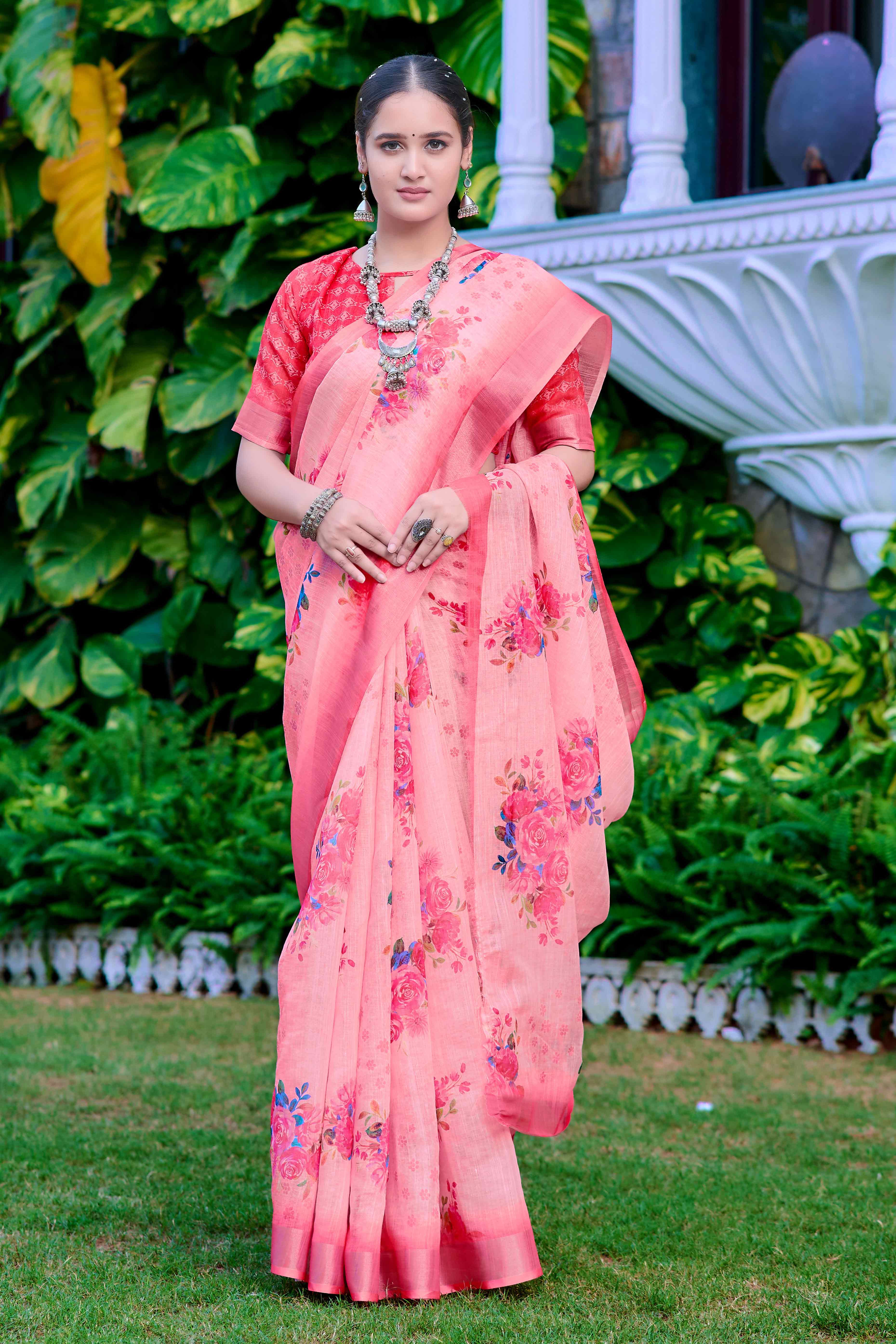 Peach Floral Printed Linen Saree