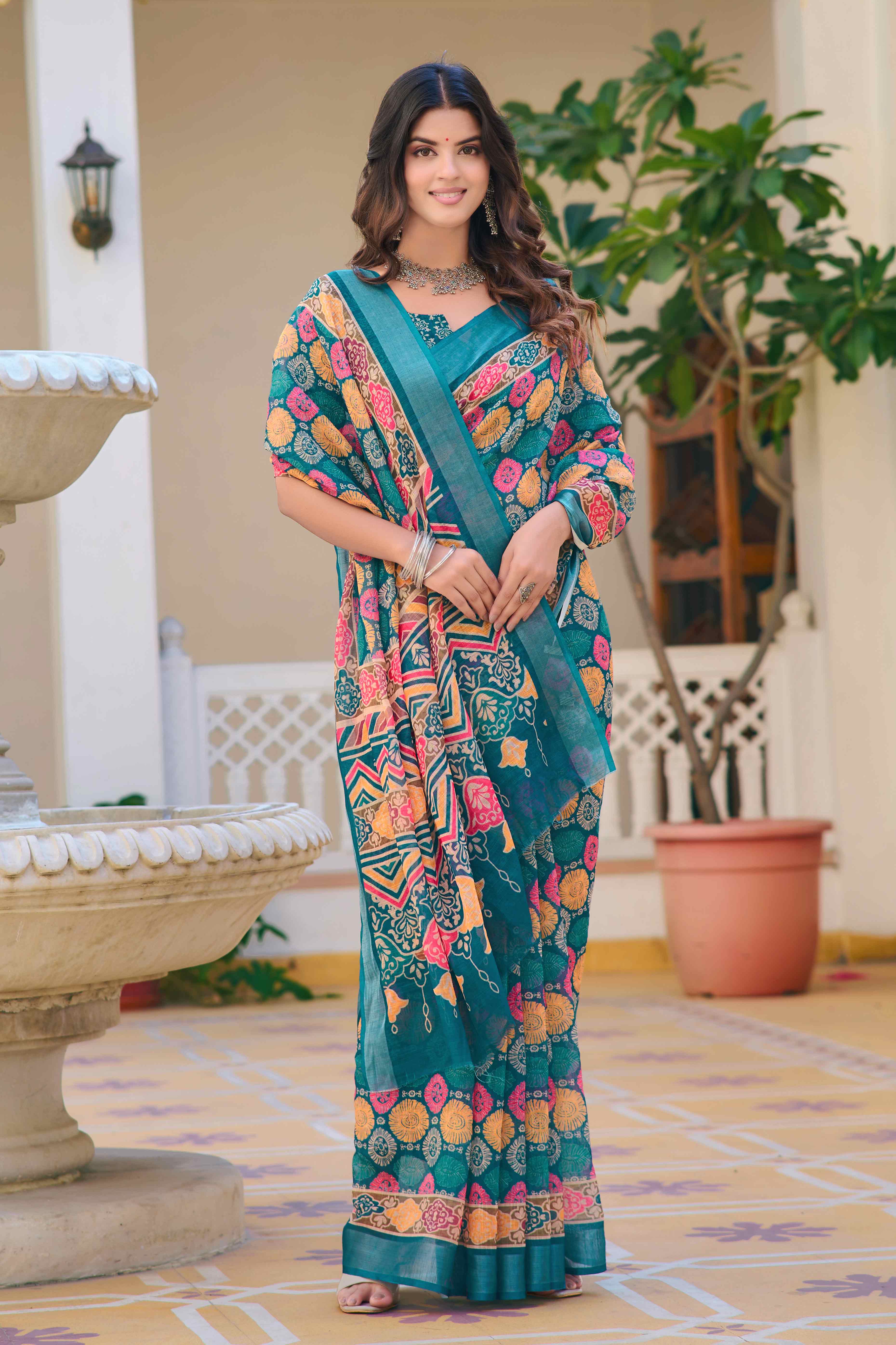 Teal Floral Printed Linen Saree