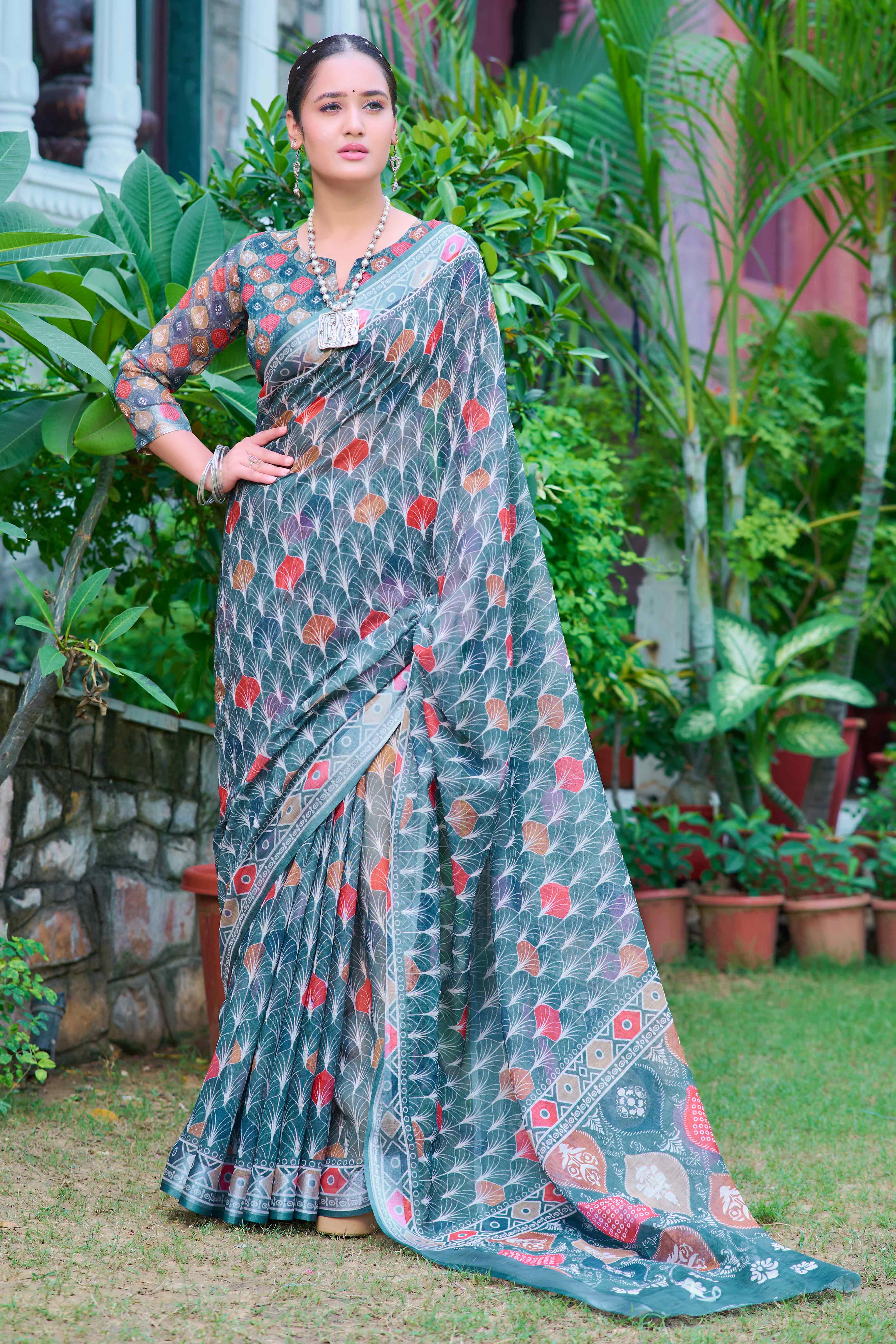 Teal Floral Printed Linen Saree