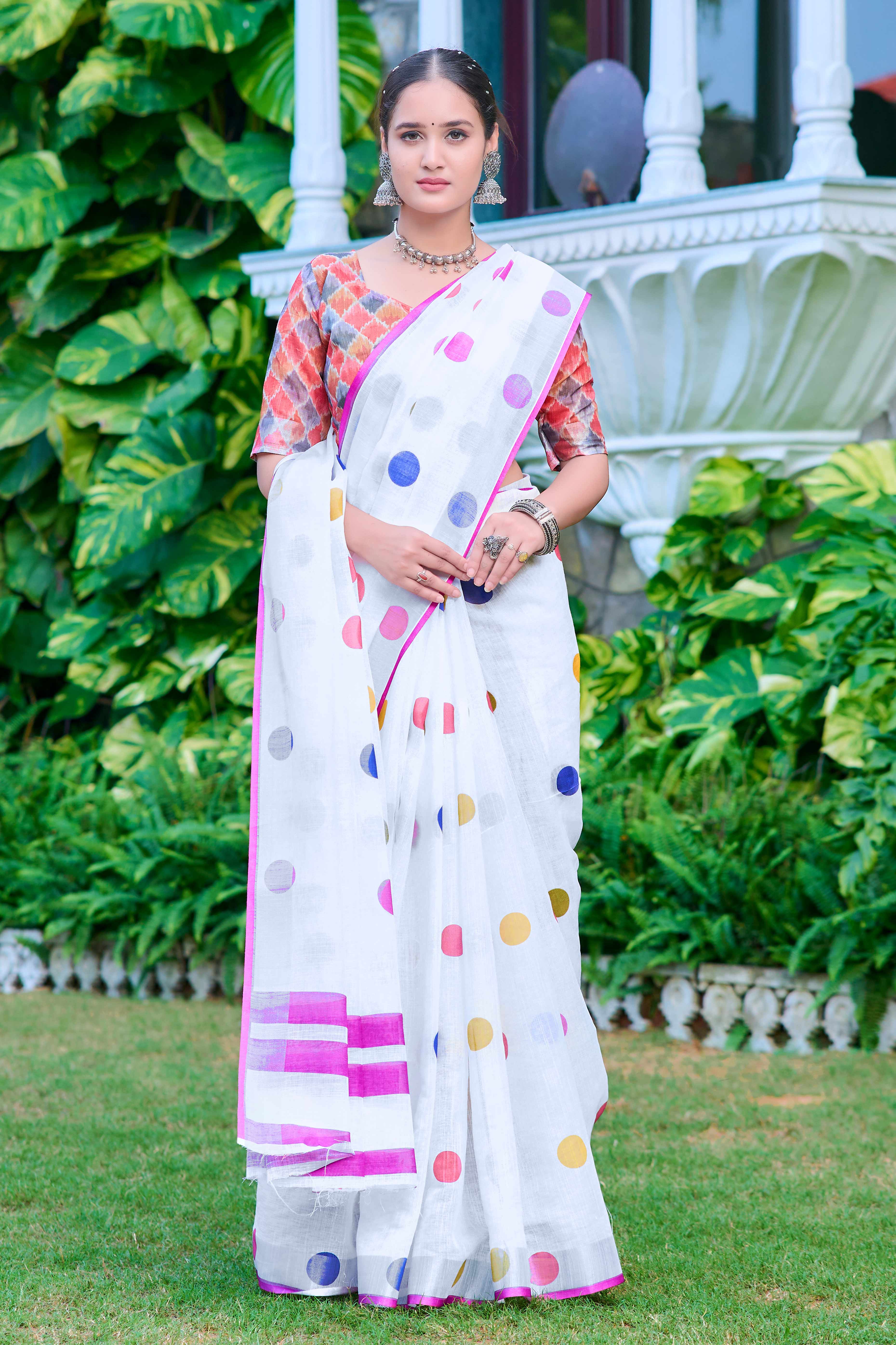 White Polka Dot Printed Linen Saree