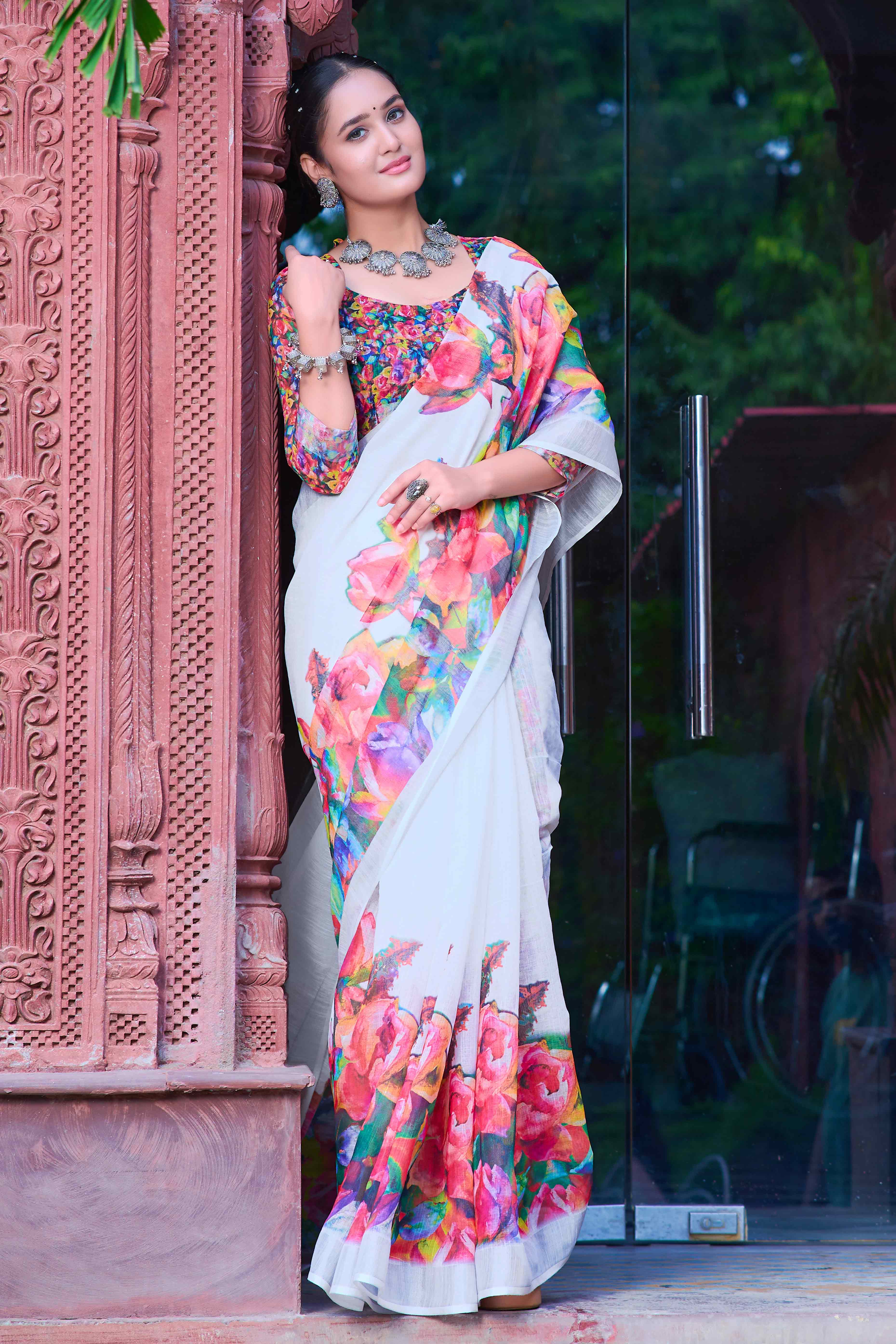 White Floral Printed Linen Saree