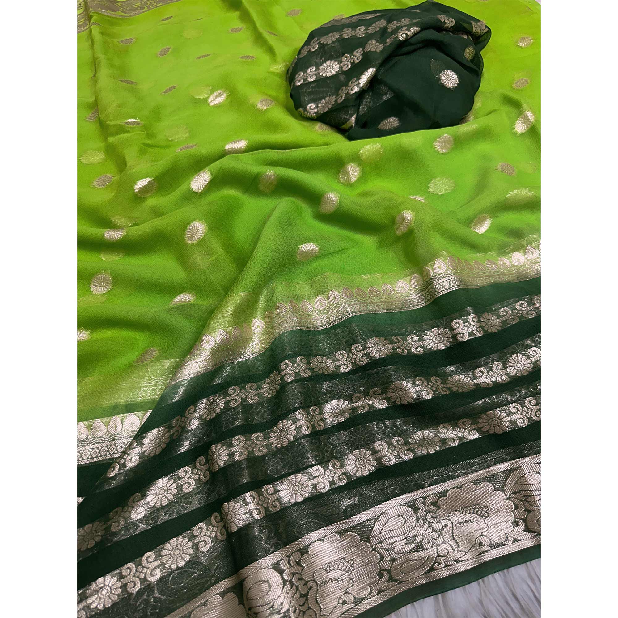 Green Saree In Pure Viscose Featuring Intricate Floral Zari Weaving