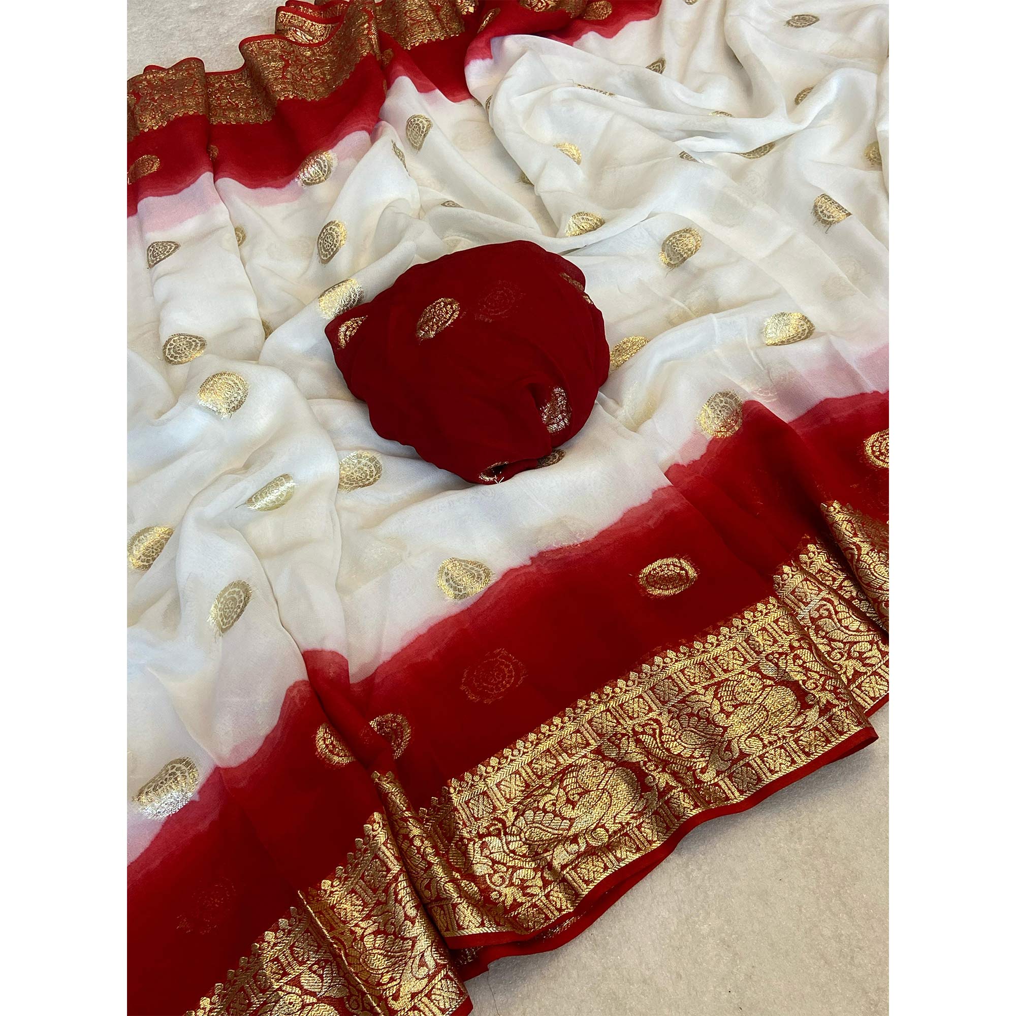 White & Dark Red Zari Weaving Pure Viscose Saree