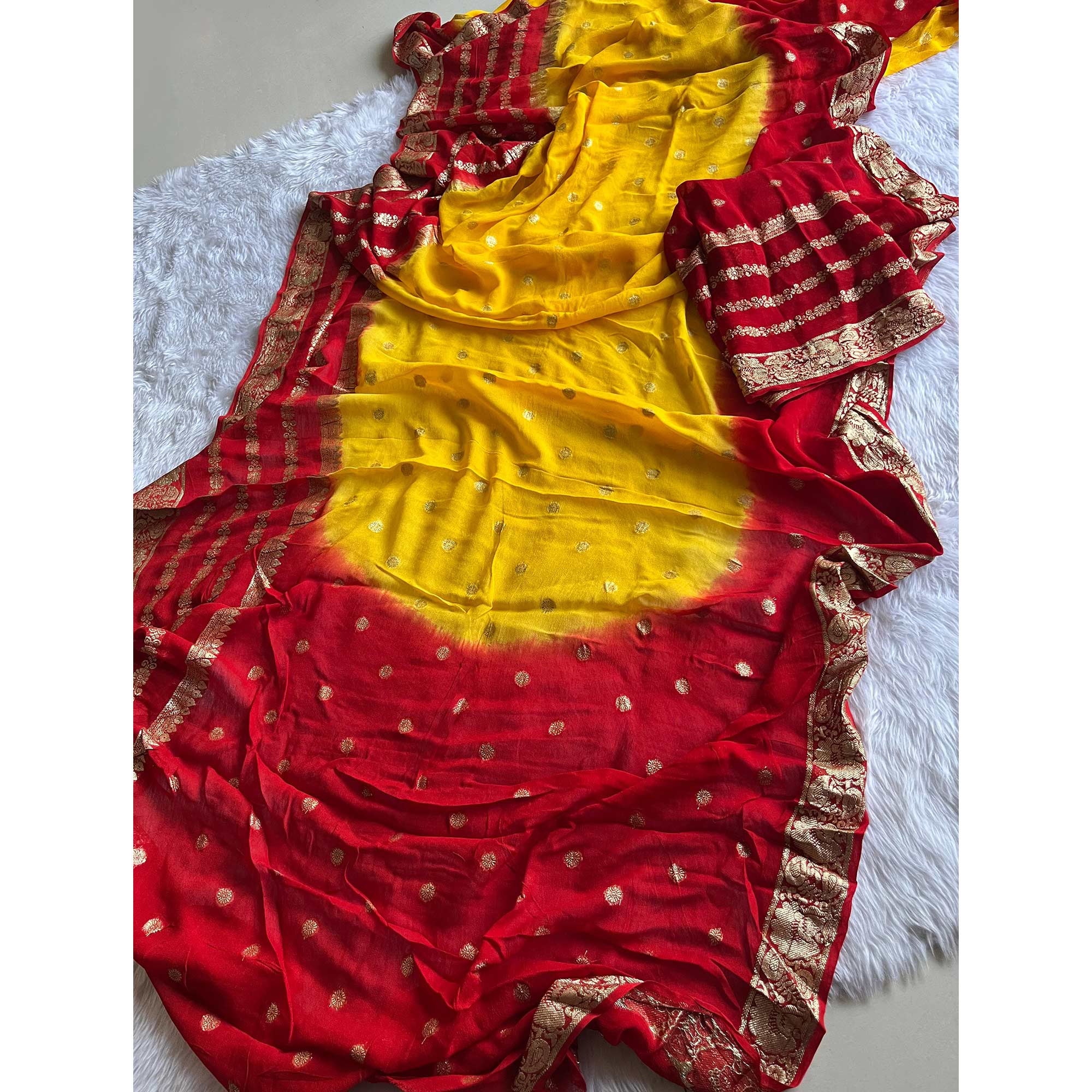 Yellow & Red Zari Woven Pure Viscose Saree