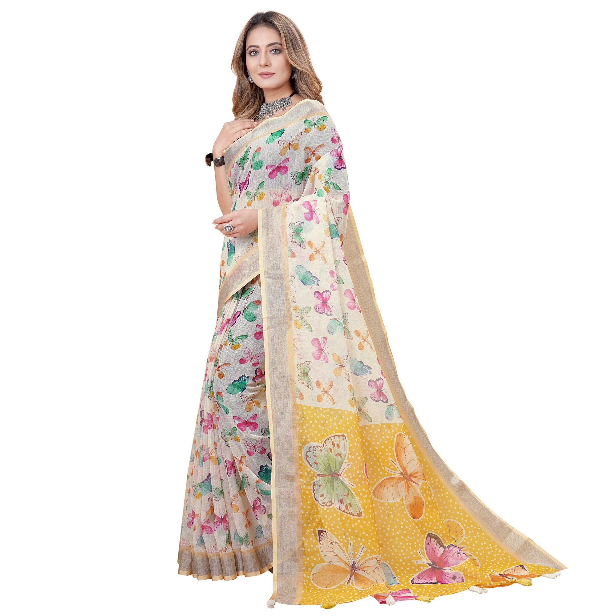 Multicolor Printed Linen Saree