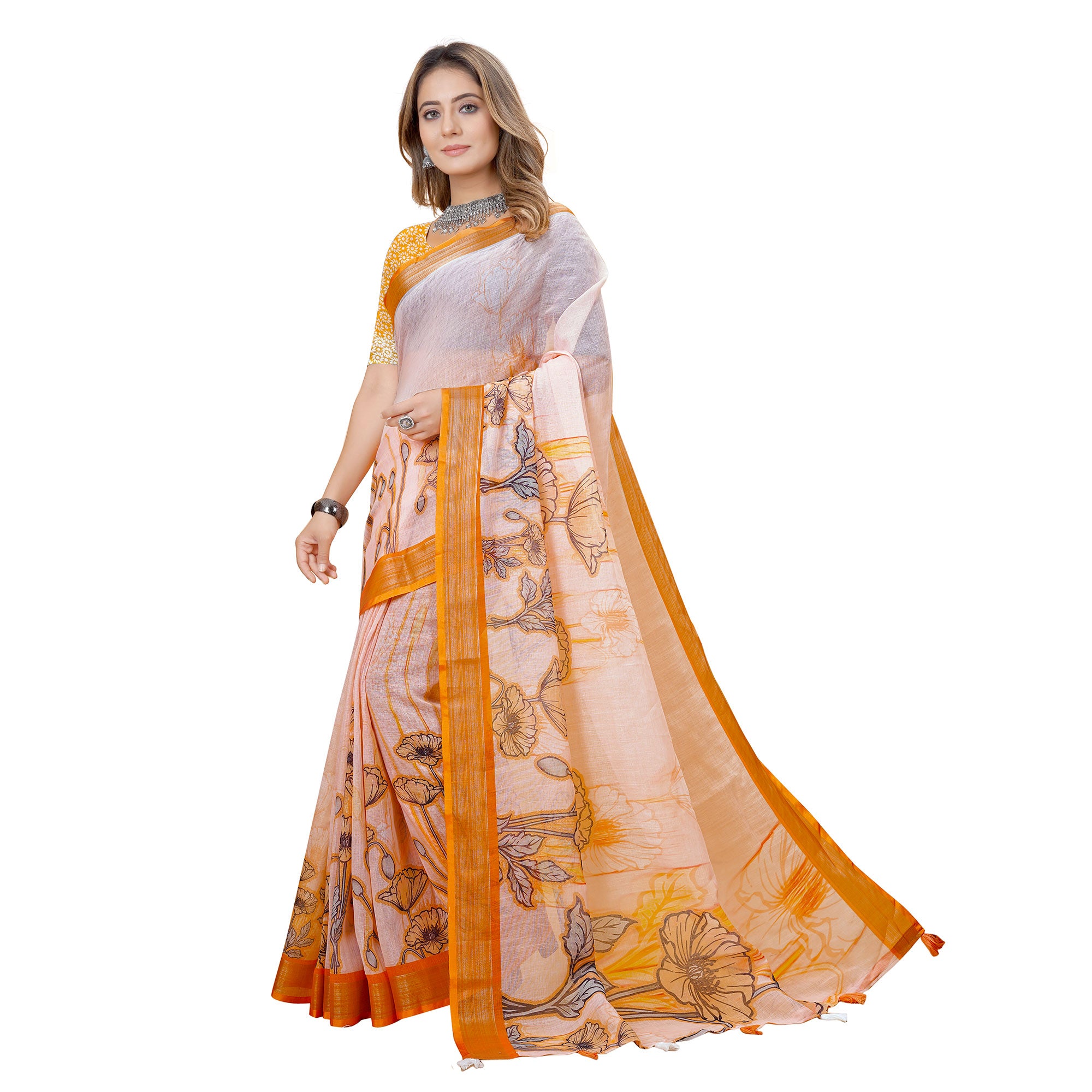 Yellow Printed Linen Saree