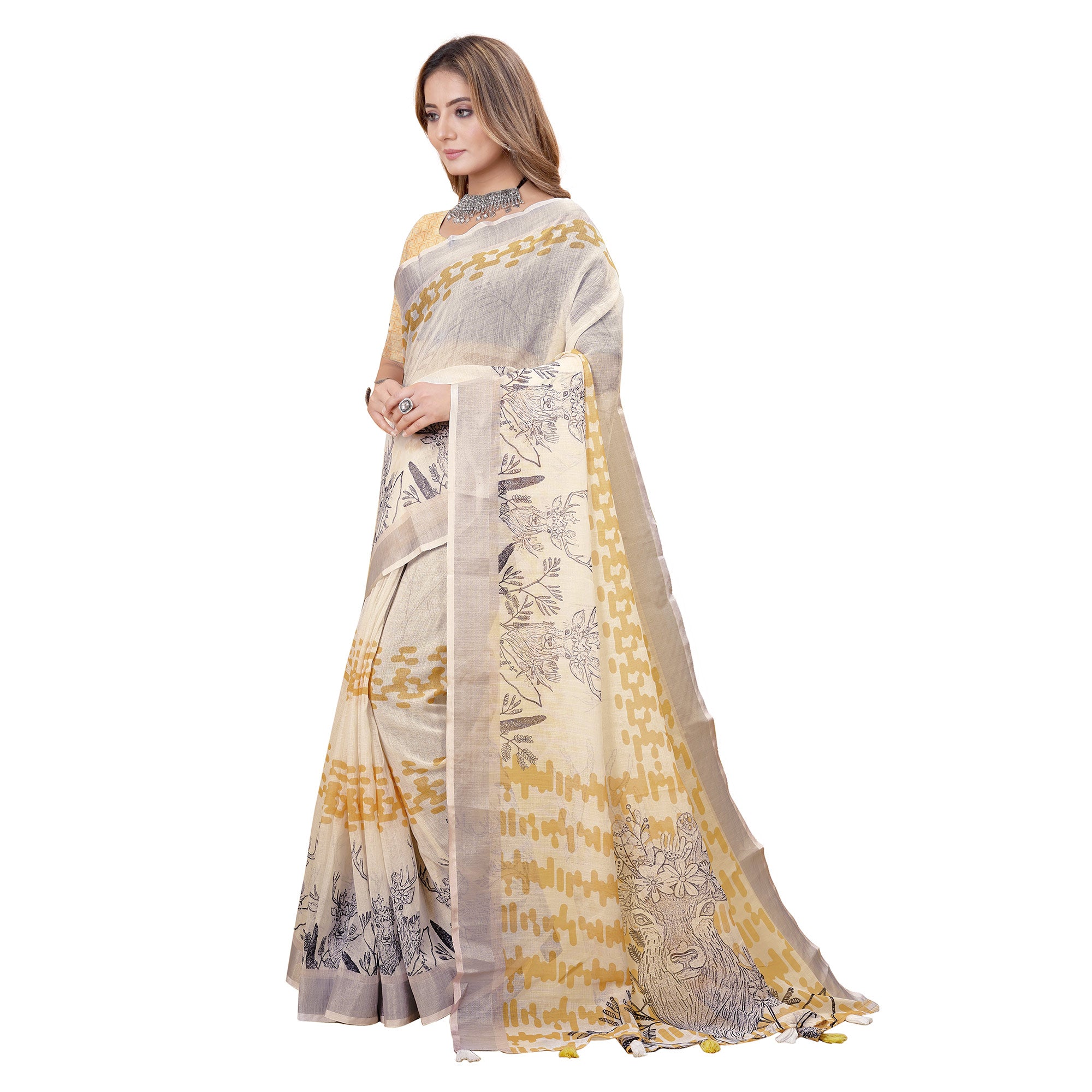 White Printed Linen Saree