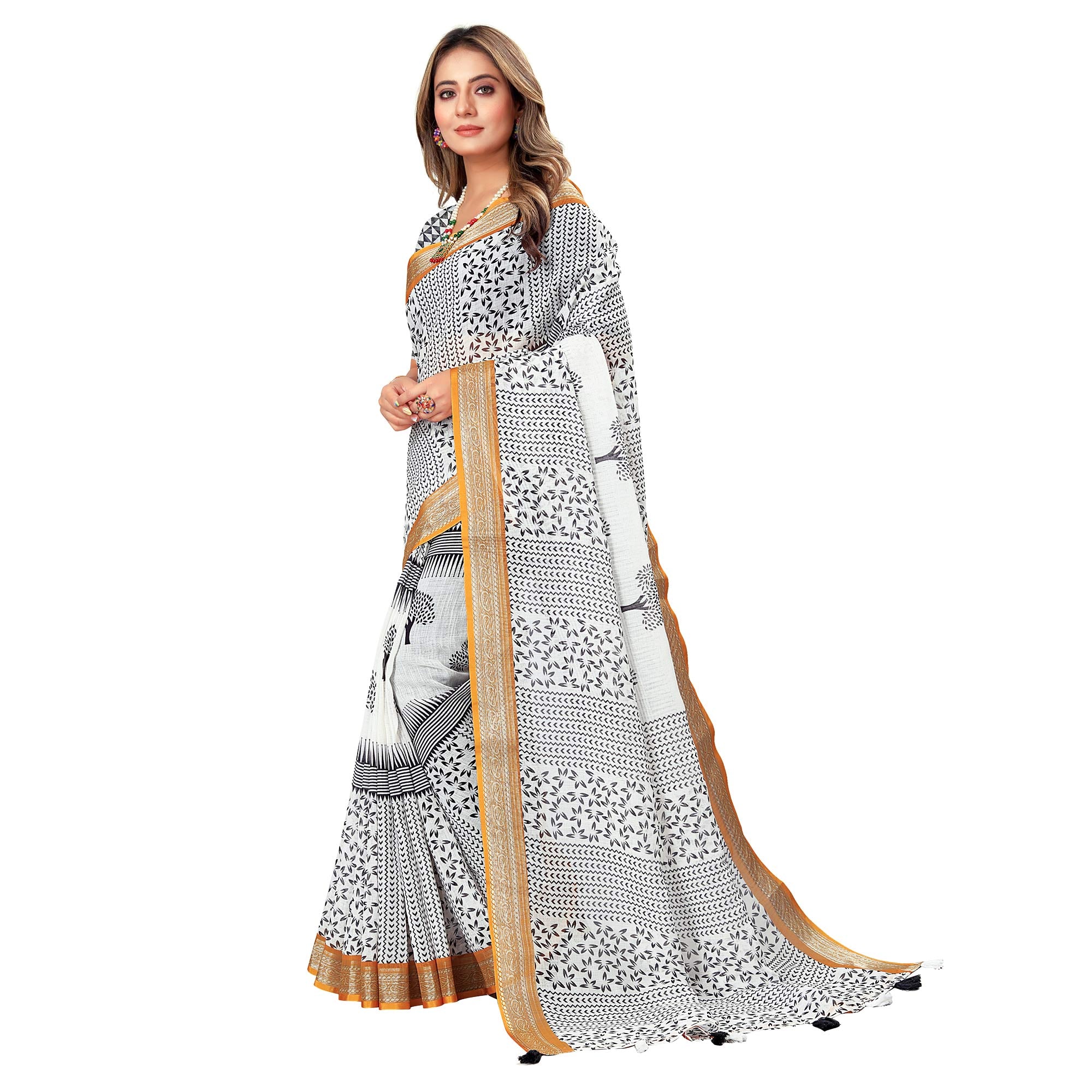 White Digital Print Linen Saree