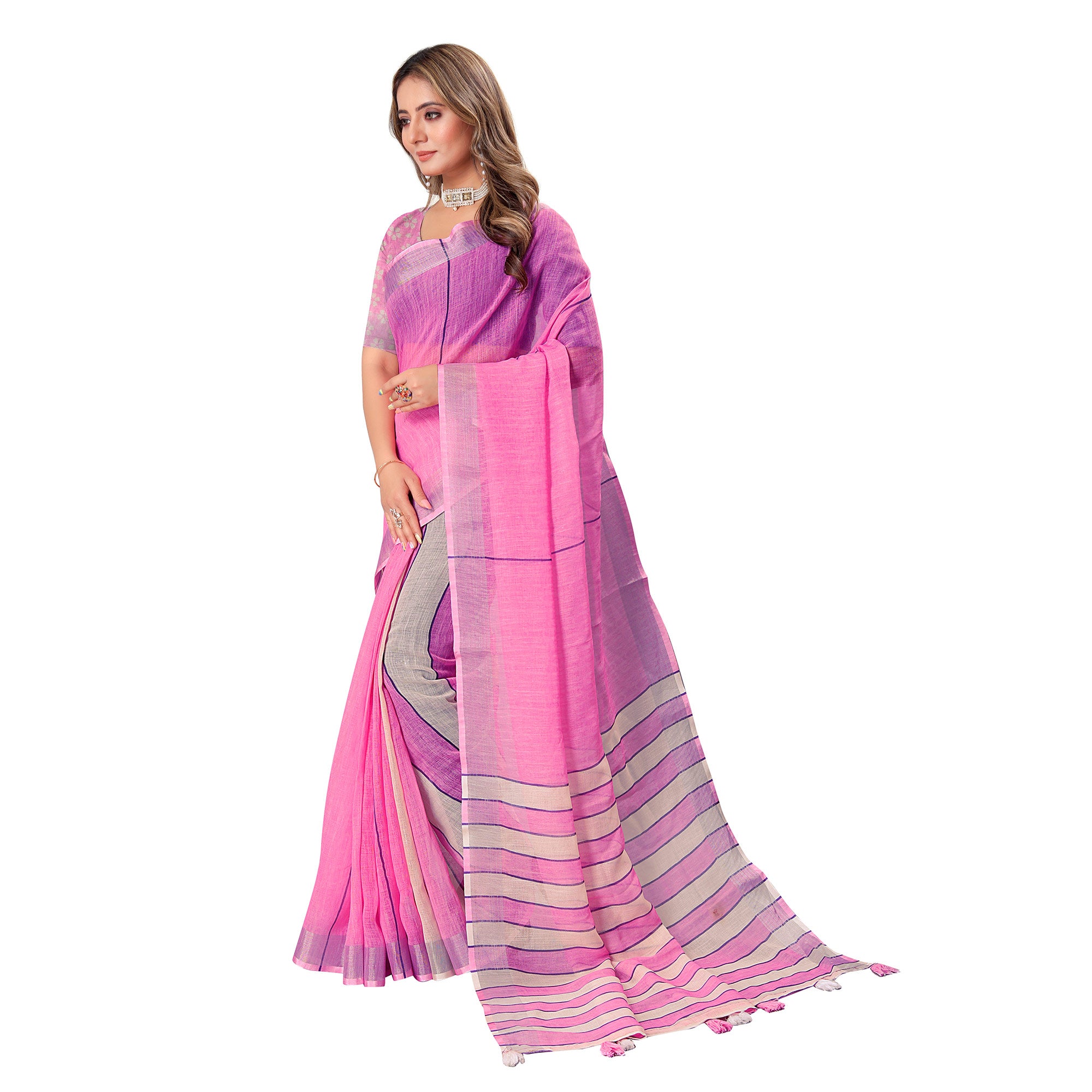 Pink Digital Print Linen Saree