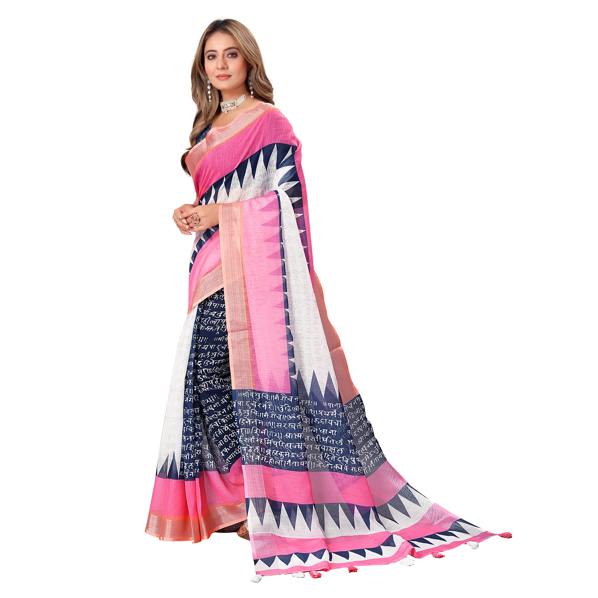 White & Pink Printed Linen Saree