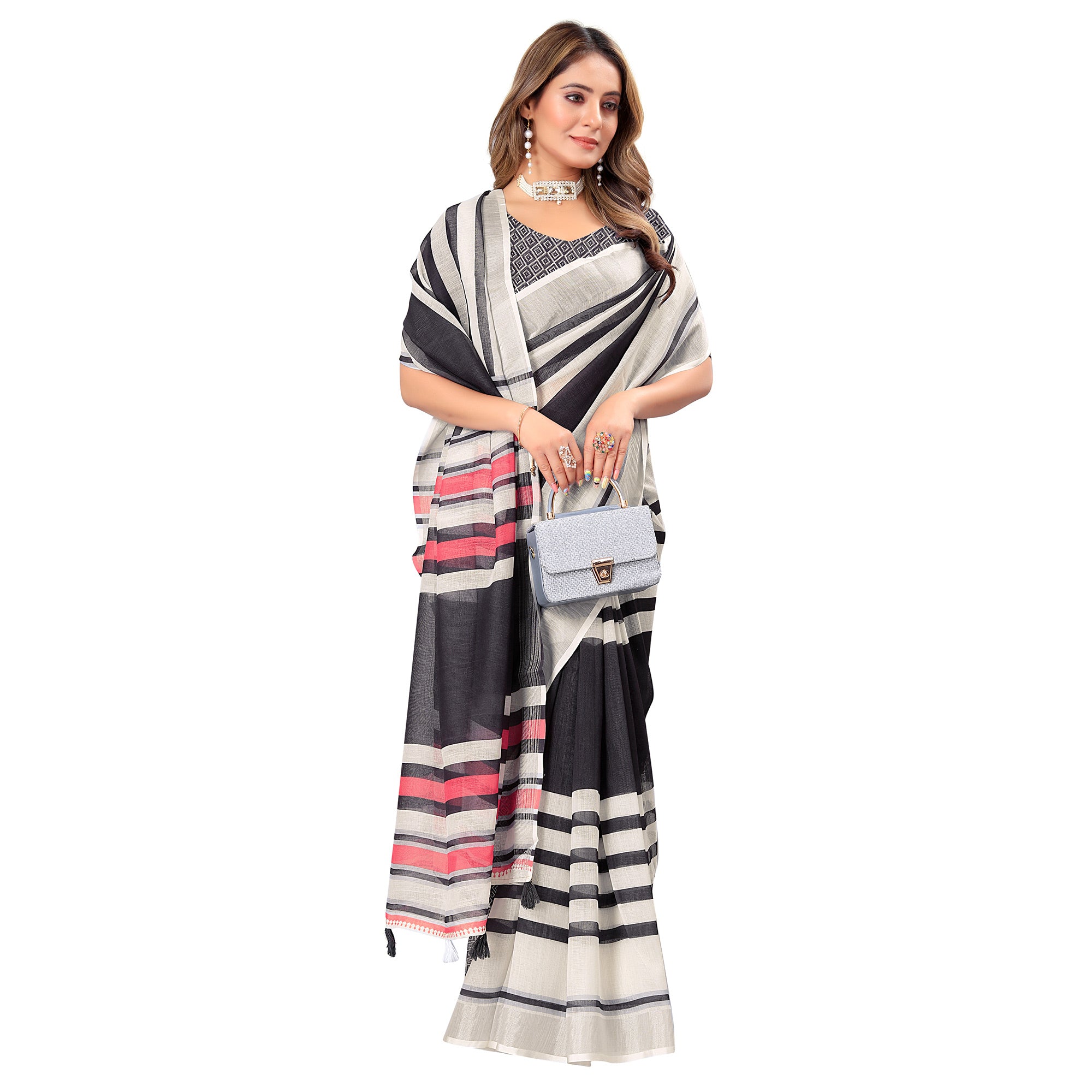 White & Black Printed Linen Saree