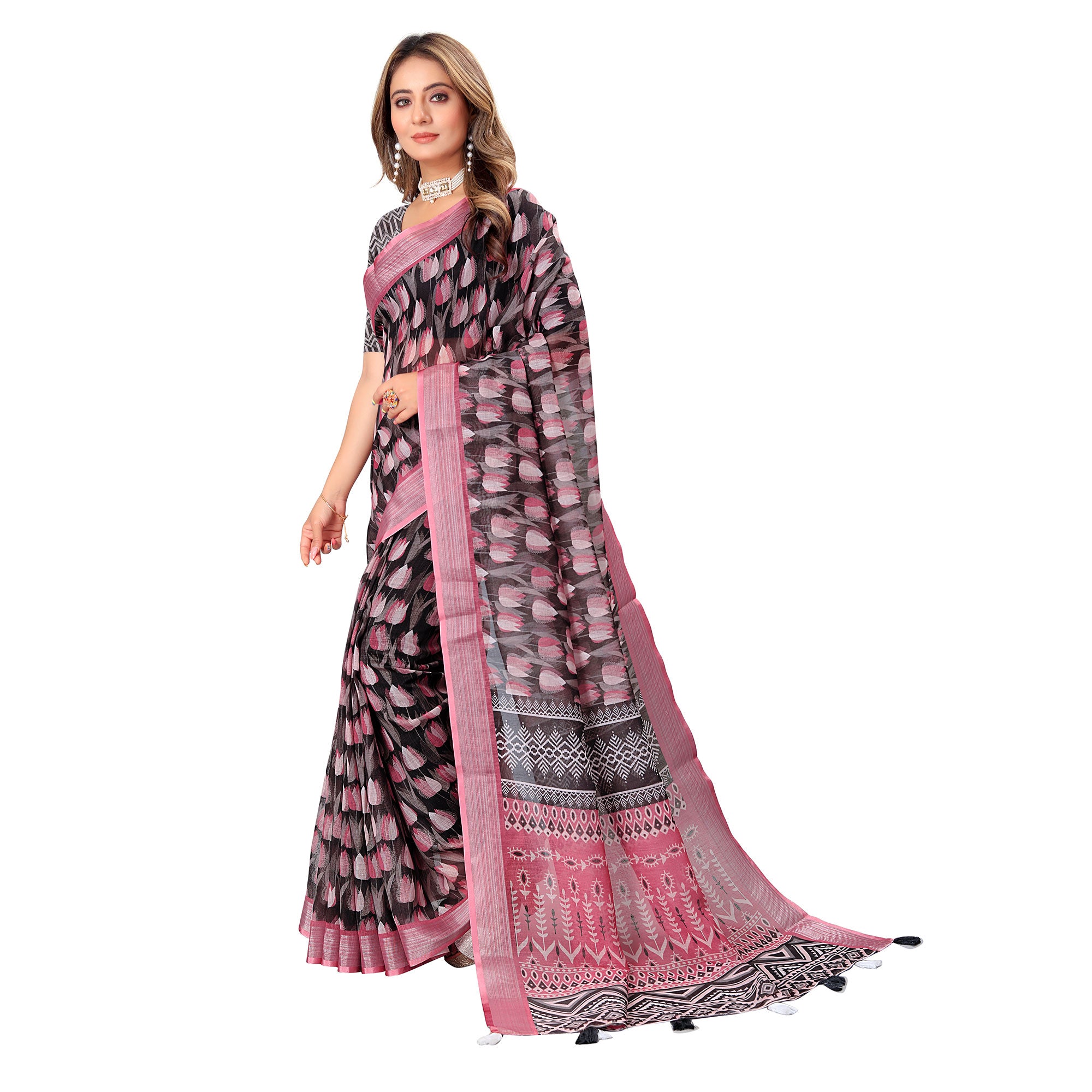 Black & Pink Printed Linen Saree