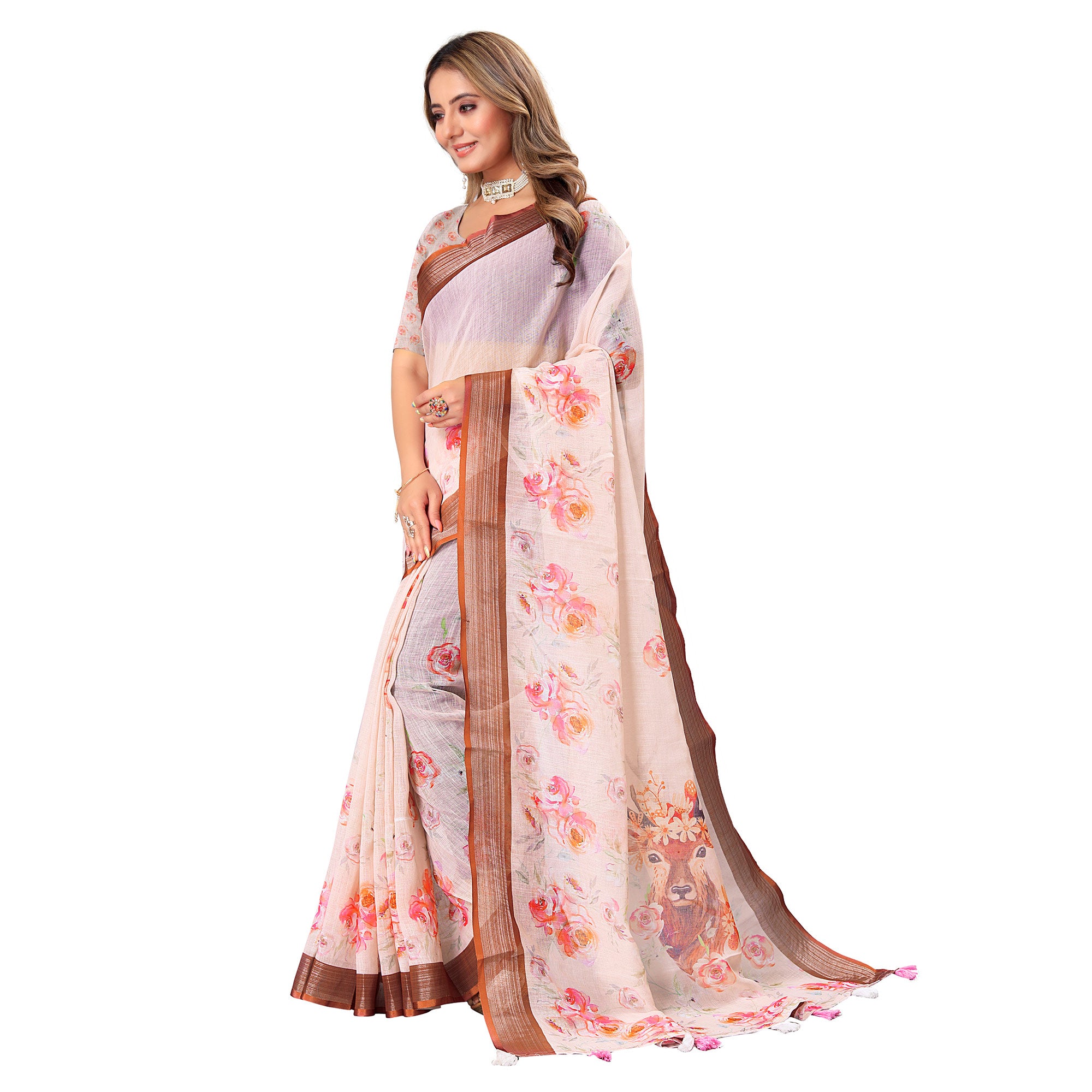 Cream Digital Print Linen Saree