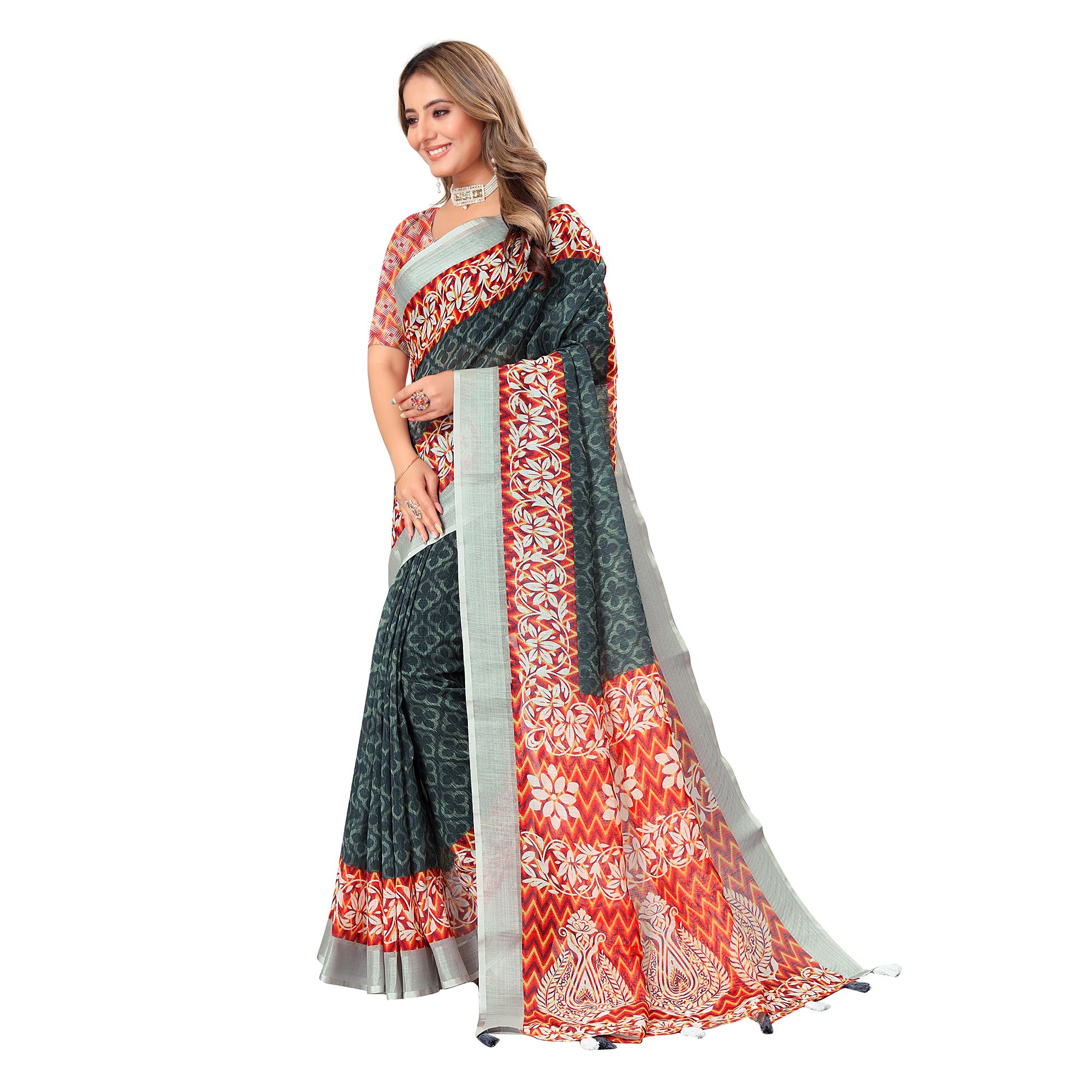 Grey Digital Print Linen Saree