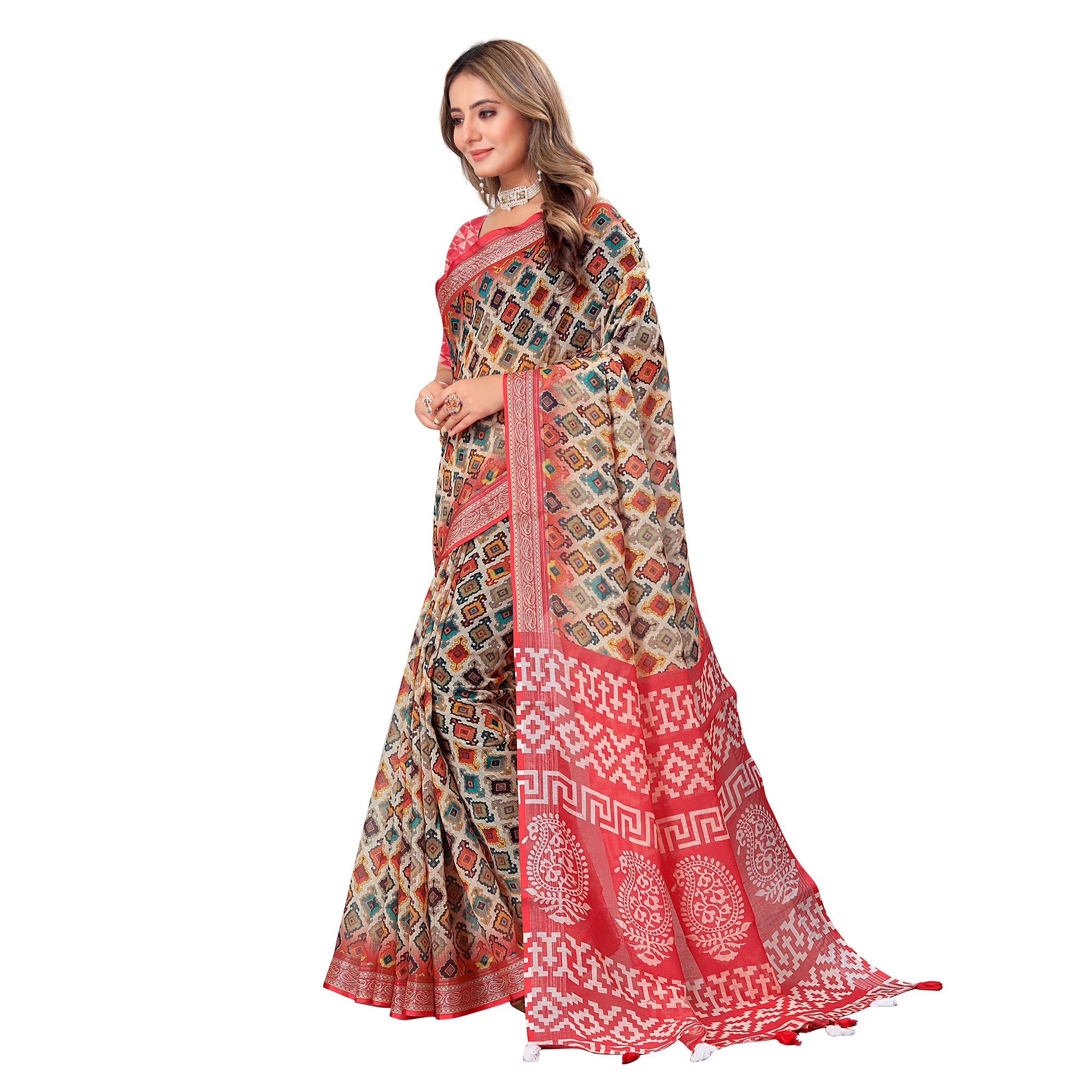 Red Printed Linen Saree