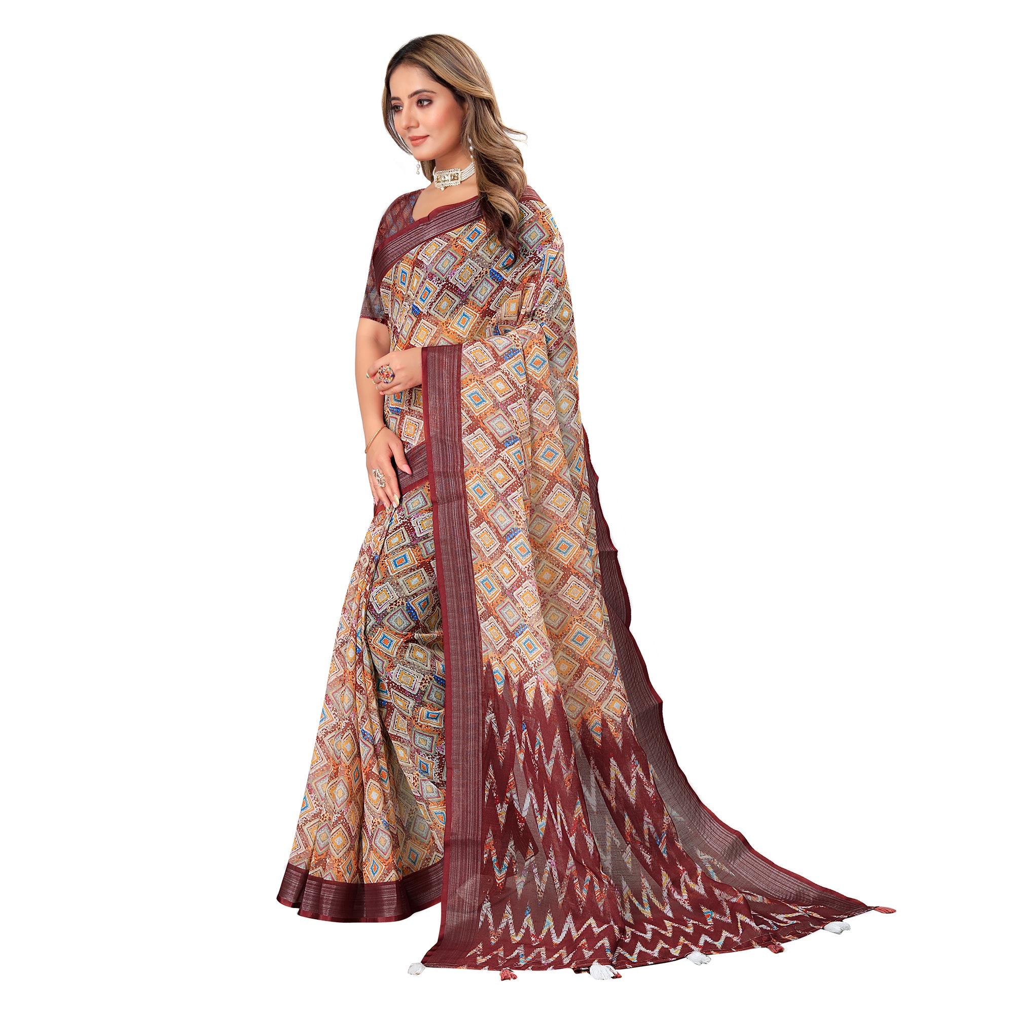 Maroon Printed Linen Saree