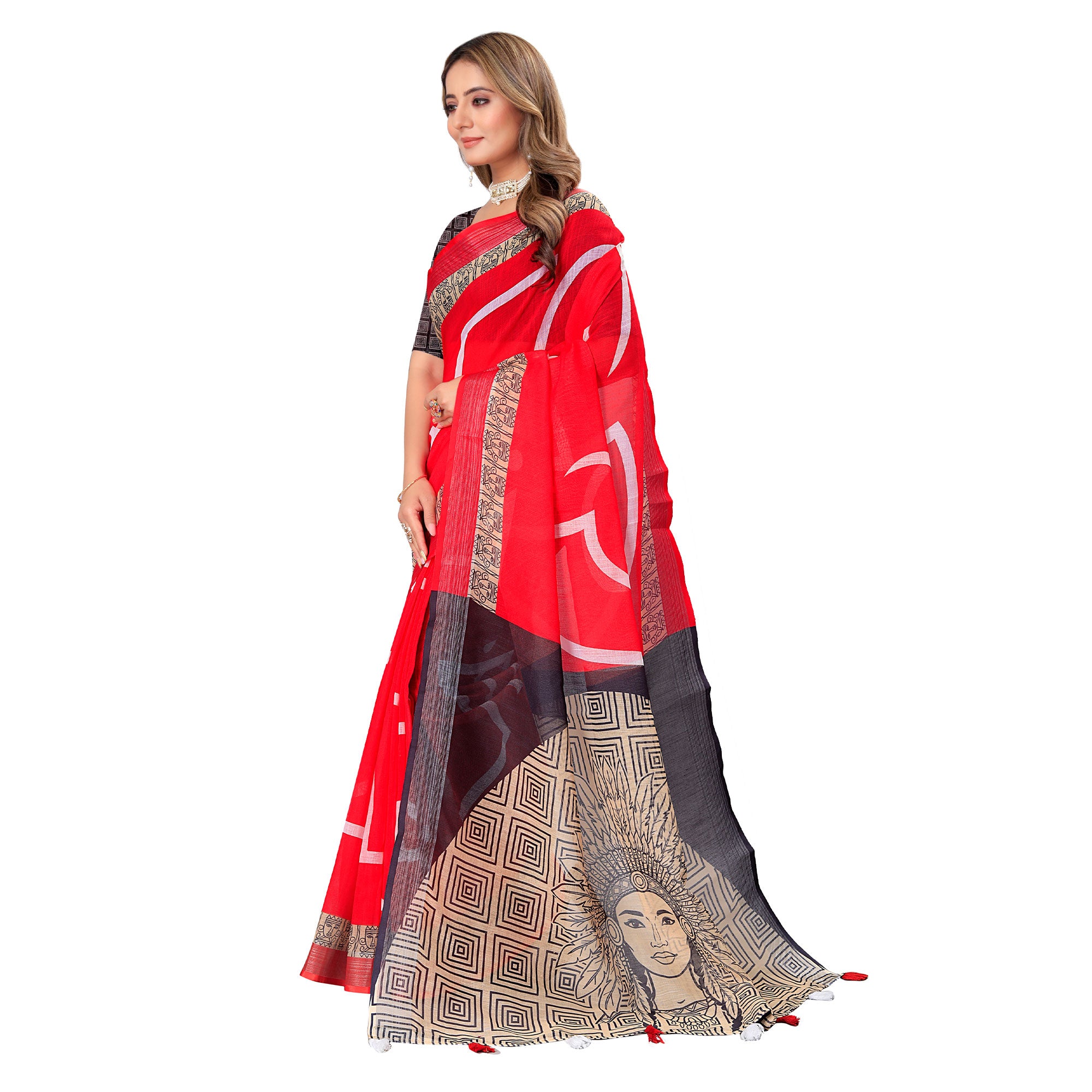 Red Printed Linen Saree