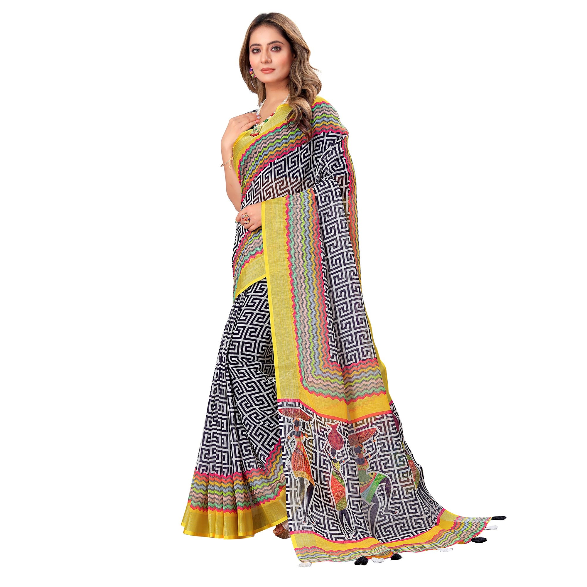 White & Yellow Printed Linen Saree