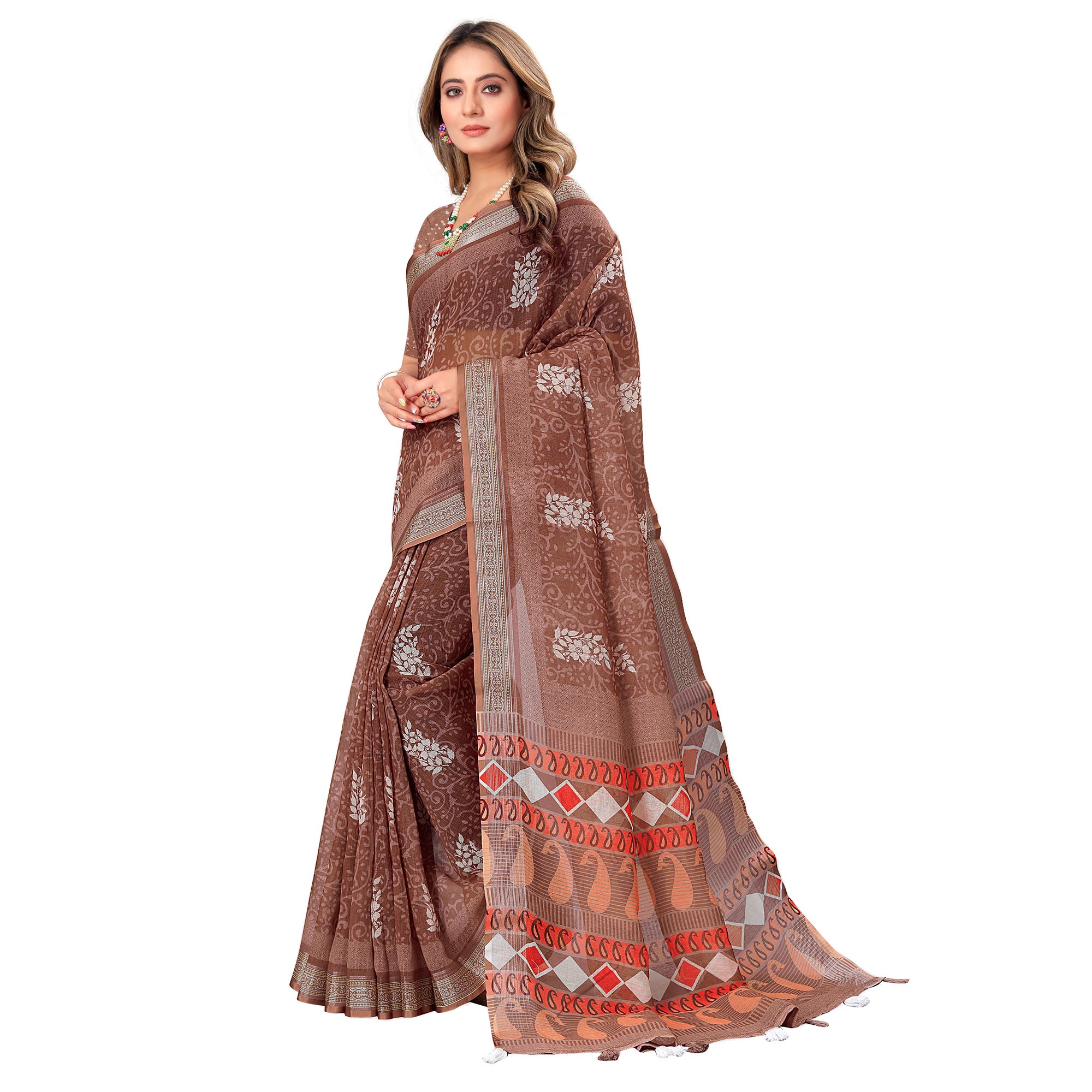 Brown Printed Linen Saree