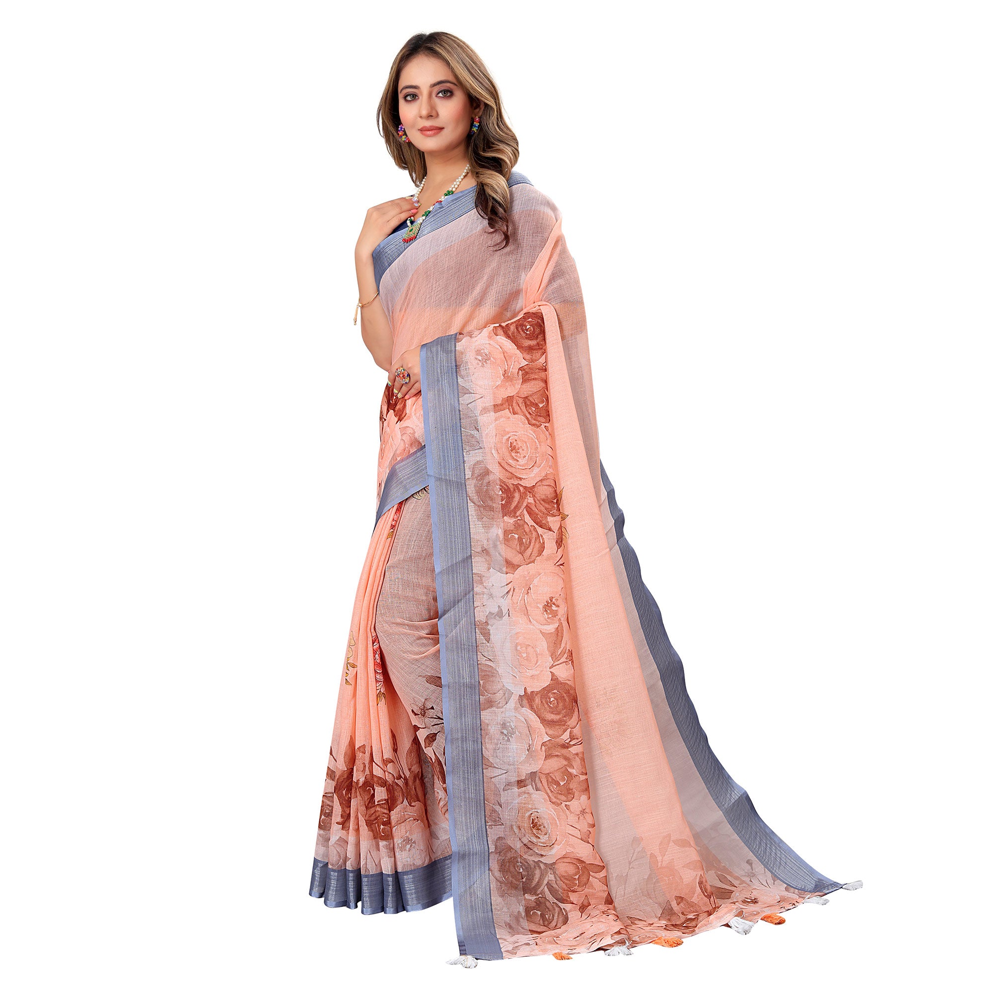 Peach Printed Linen Saree