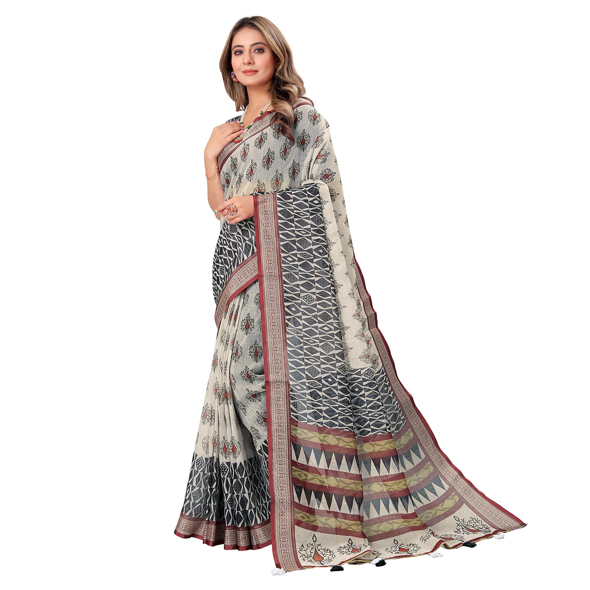 Off White Printed Linen Saree