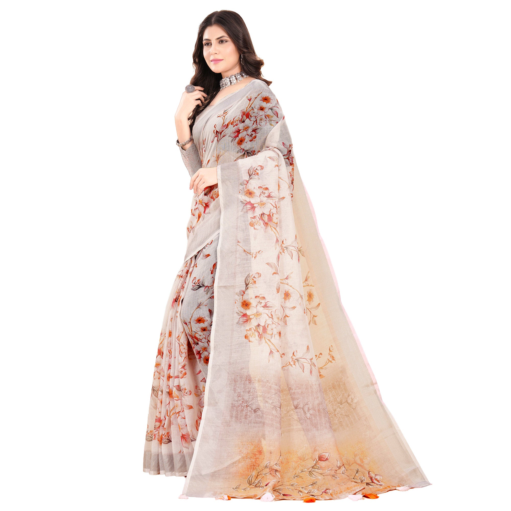 Cream Printed Linen Saree