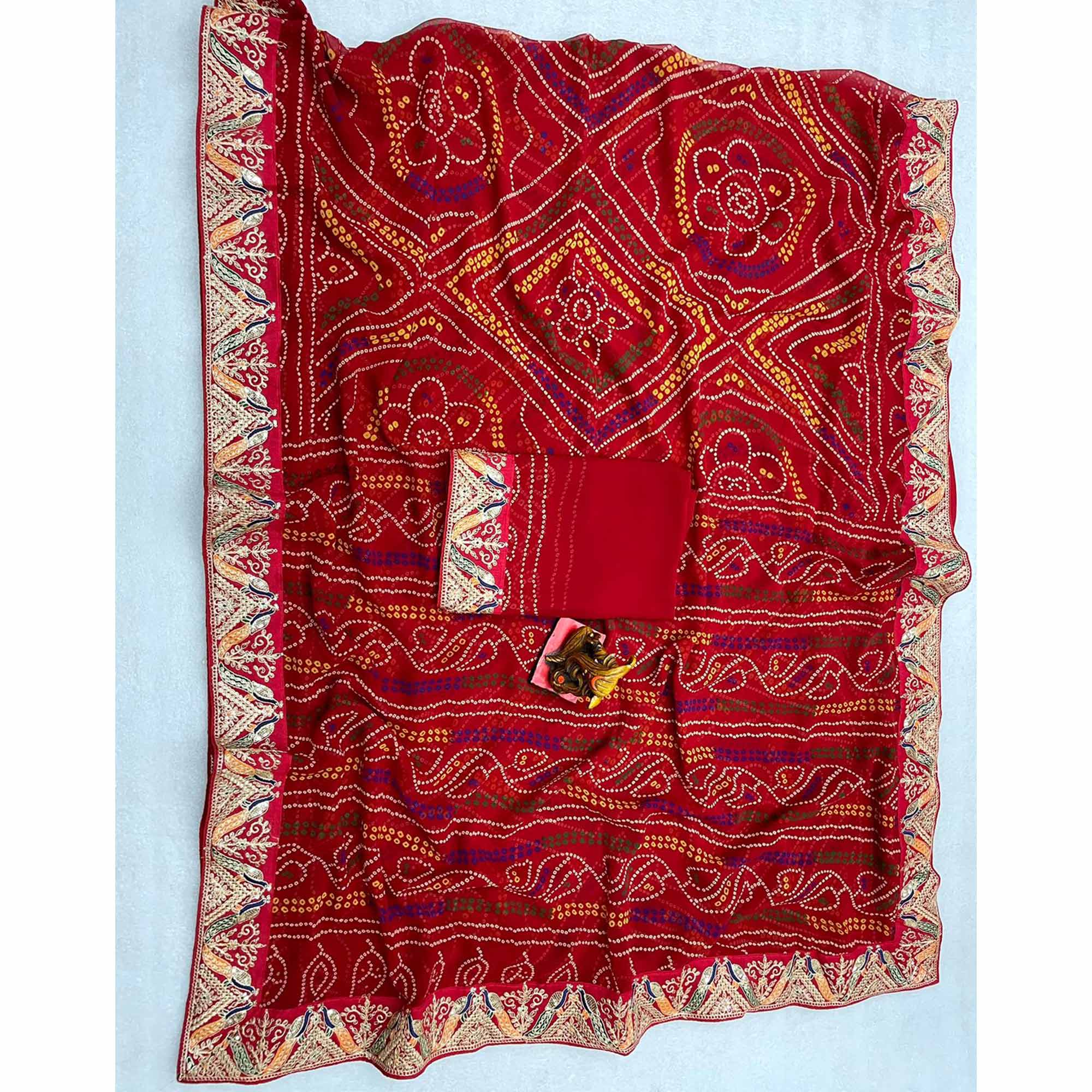 Red Bandhani Printed Georgette Saree