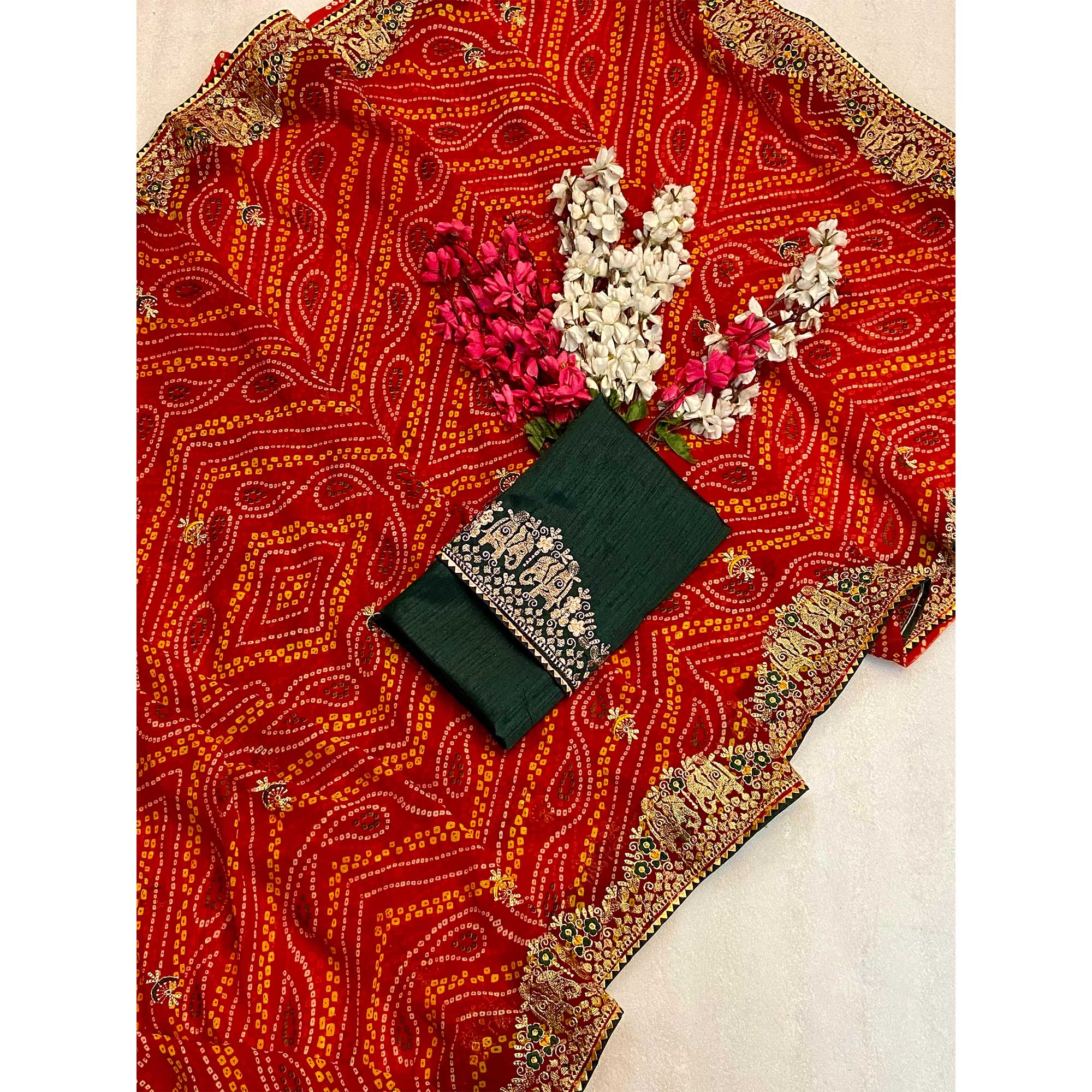 Red Bandhani Printed Georgette Saree With Embroidered Border