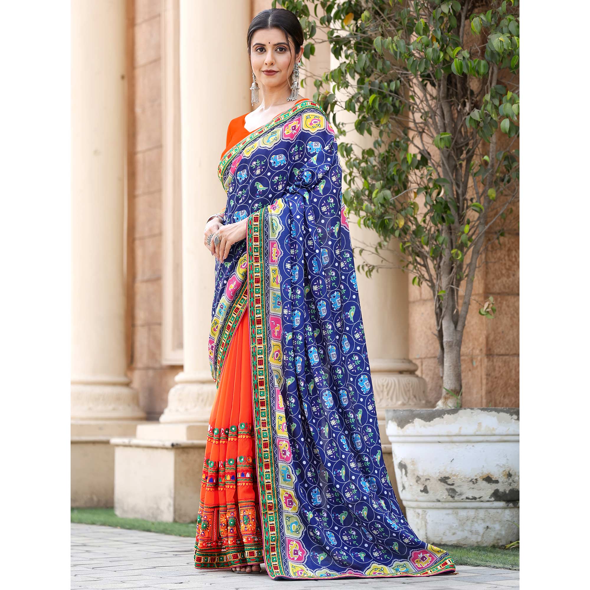 Orange & Blue Patola Print With Embroidered Georgette Half & Half Saree