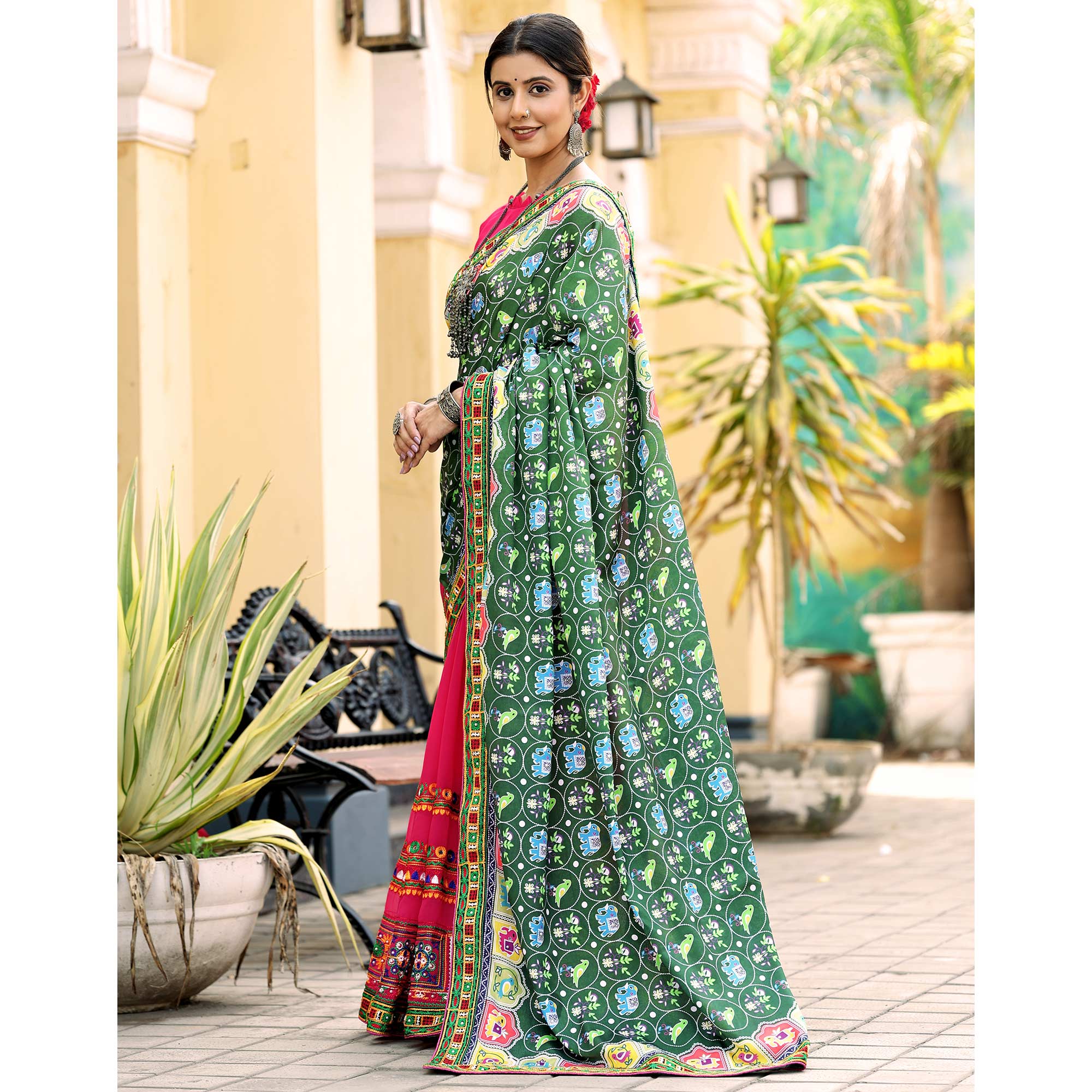 Pink & Green Patola Print With Embroidered Georgette Half & Half Saree