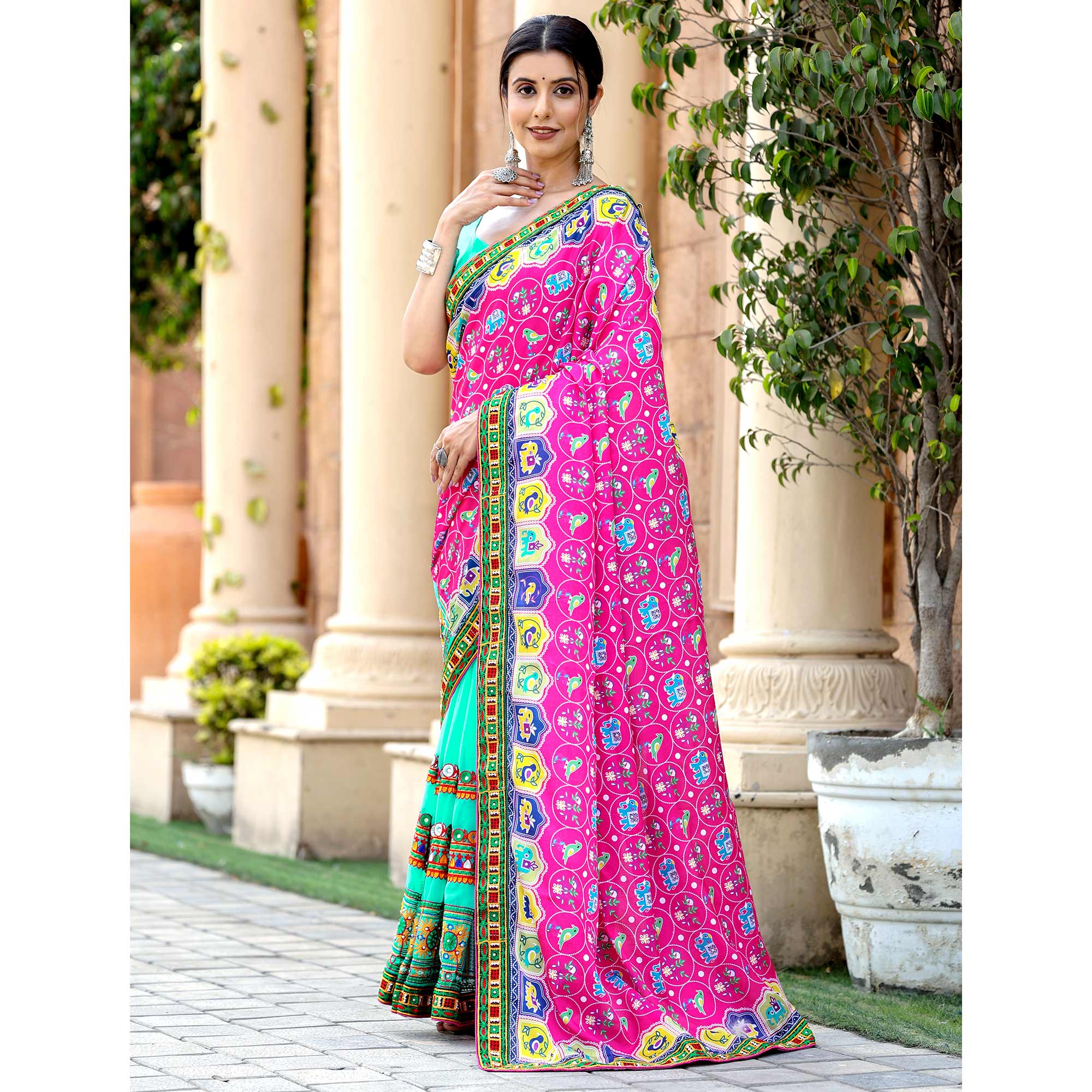 Turquoise & Pink Patola Print With Embroidered Georgette Half & Half Saree