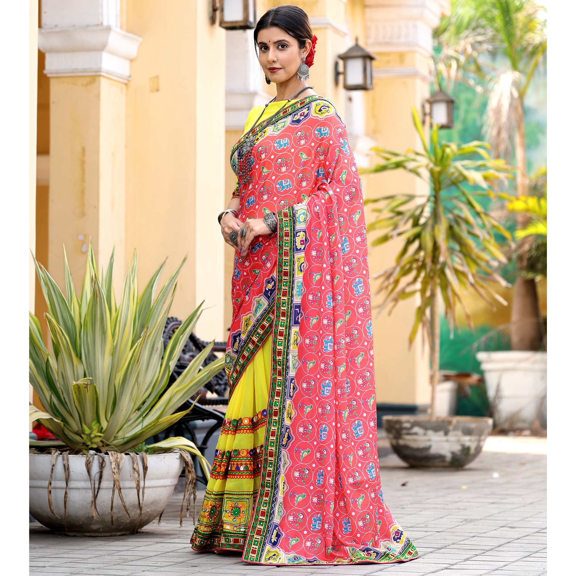 Yellow & Pink Patola Print With Embroidered Georgette Half & Half Saree