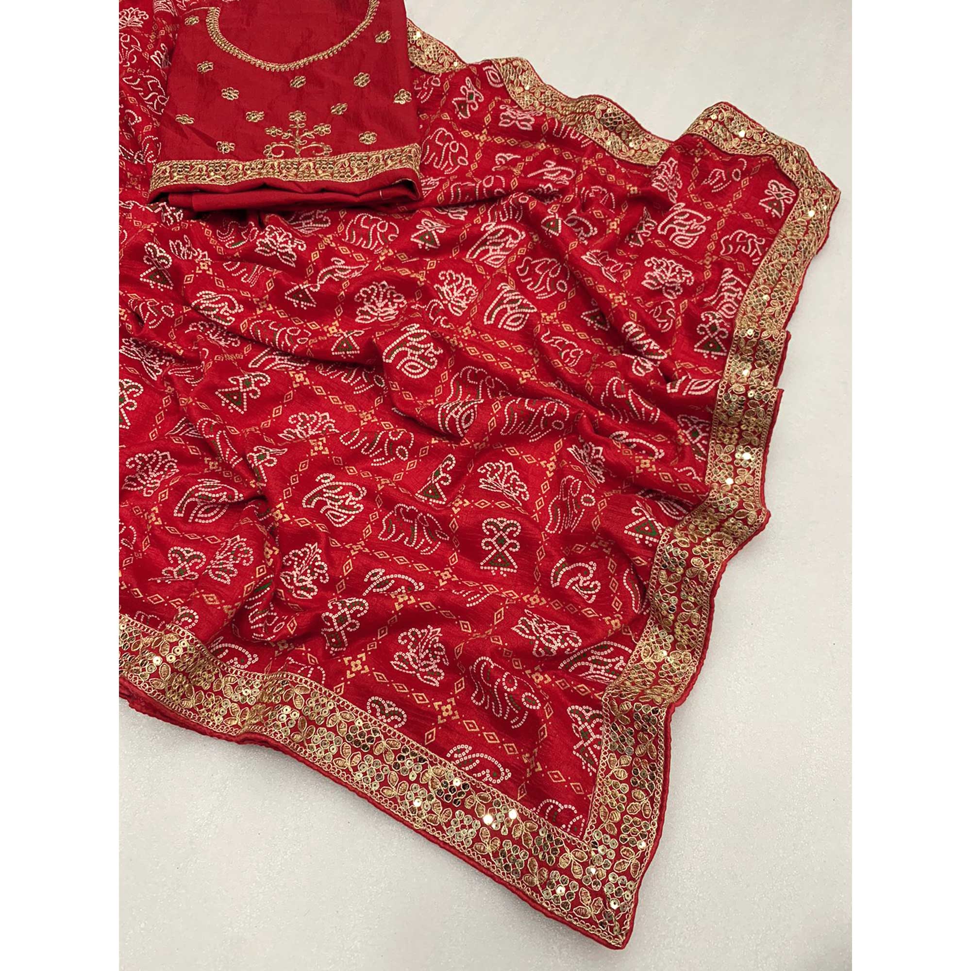 Red Bandhani Printed Vichitra Silk Saree
