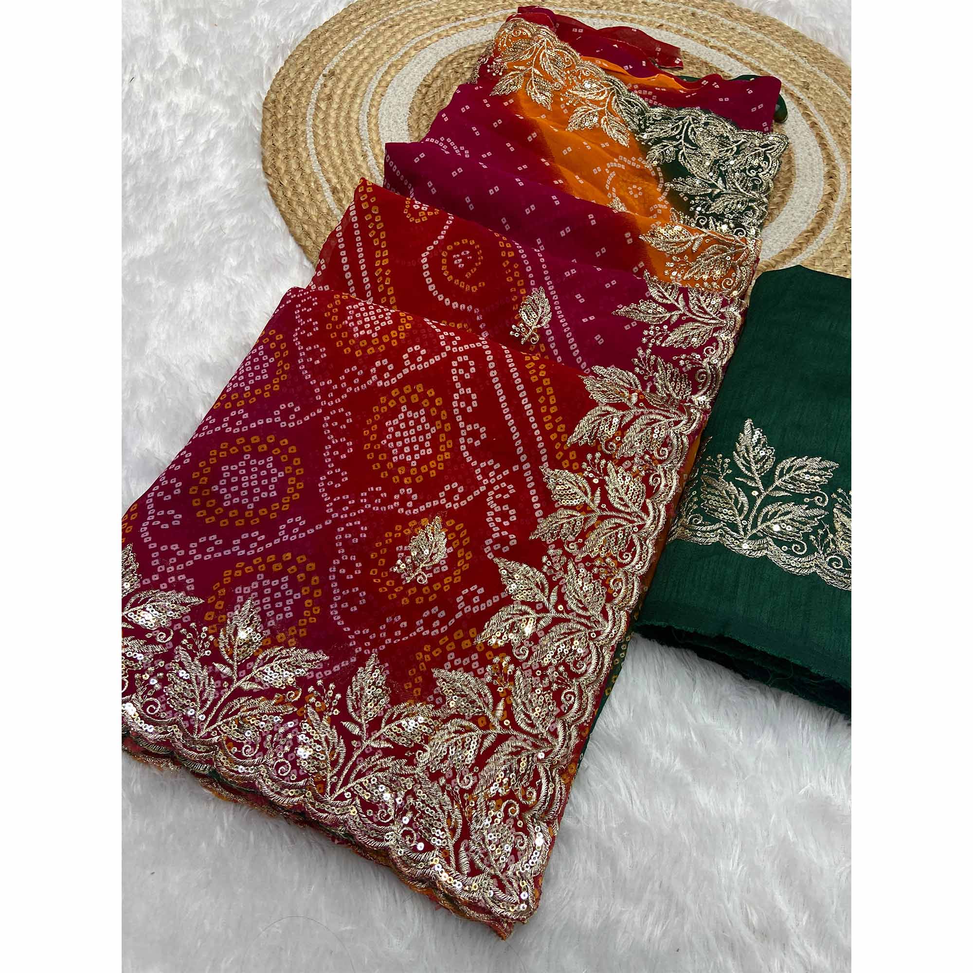 Multicolor Bandhani Georgette Saree Enhanced with Lavish Embroidered Border