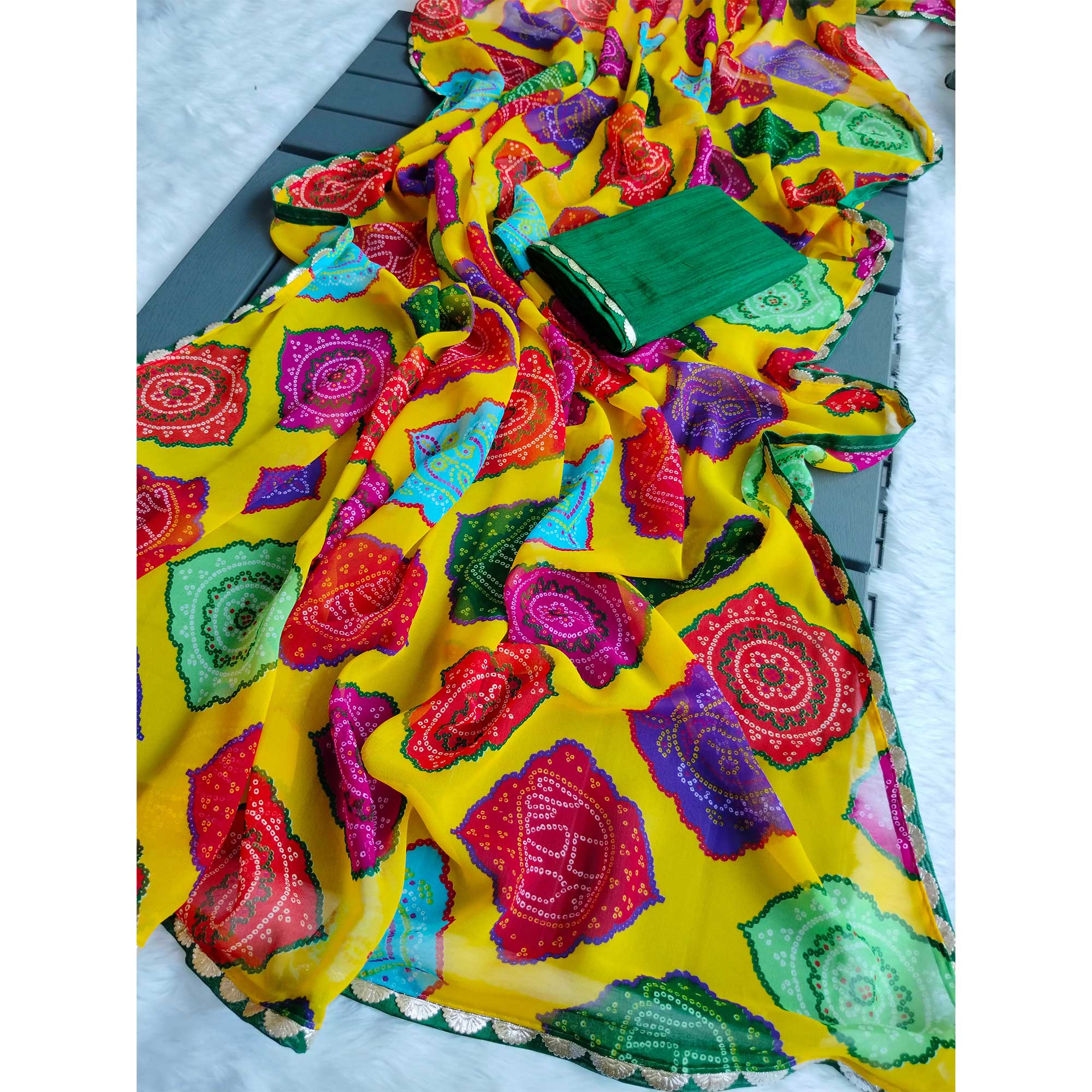 Yellow Georgette Saree with Traditional Bandhani Prints