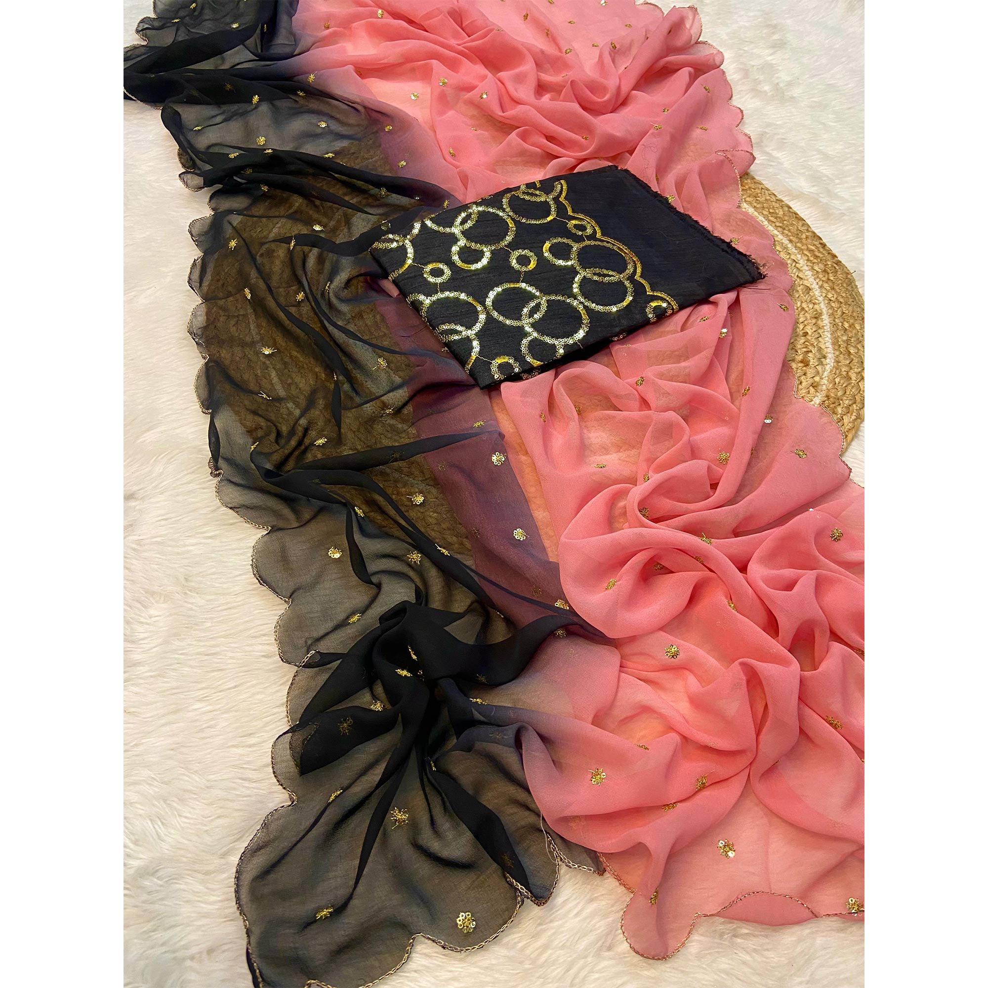 Peach & Black Sequins Embroidered Georgette Saree