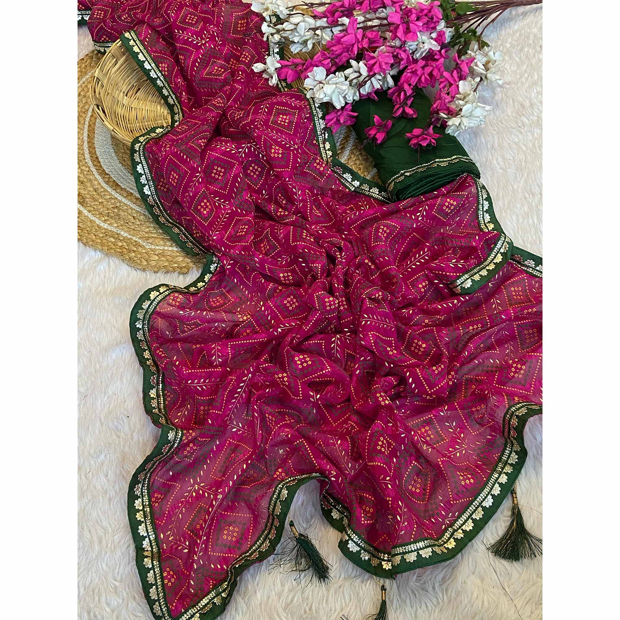 Pink Bandhani Foil Printed Chiffon Saree