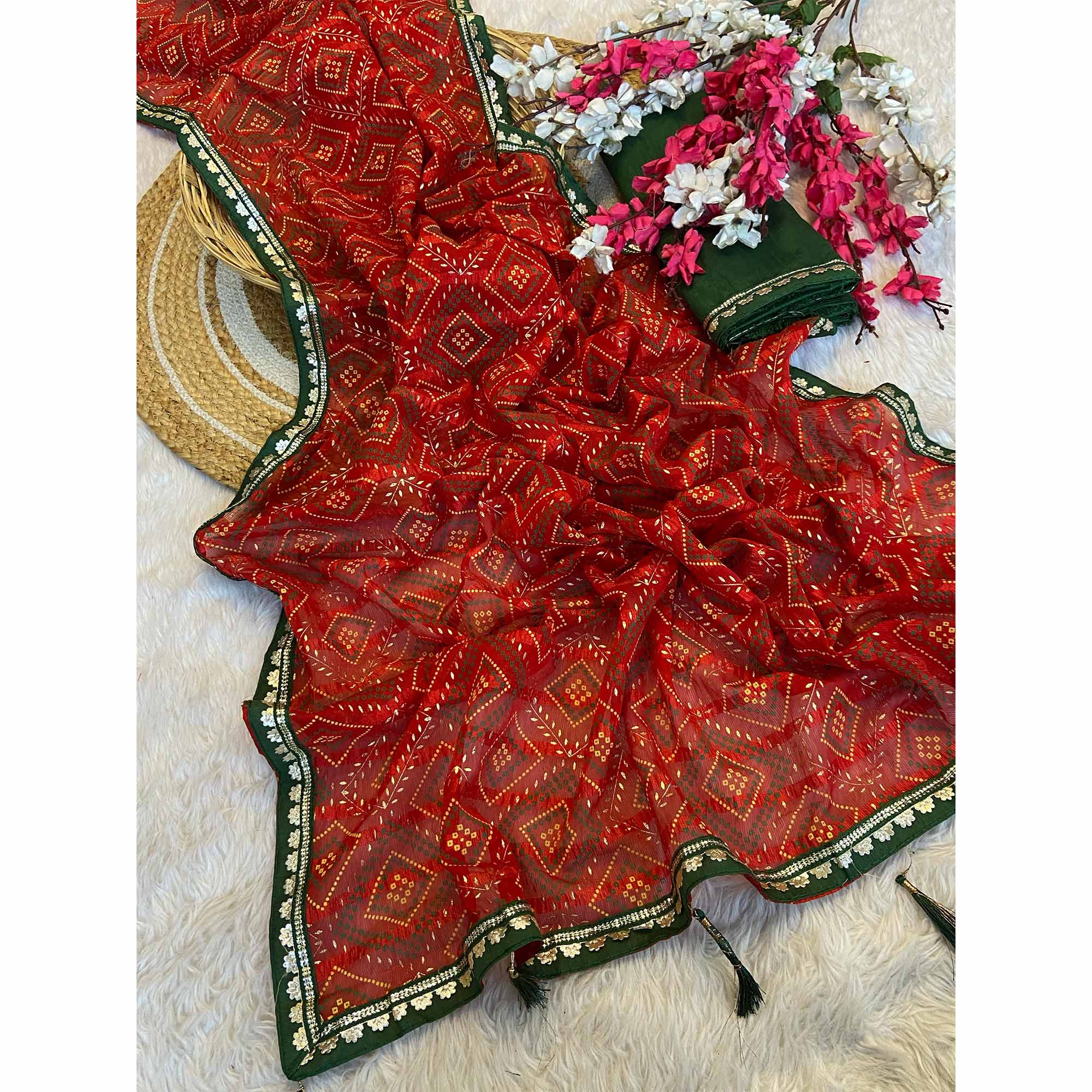 Red Bandhani Foil Printed Chiffon Saree