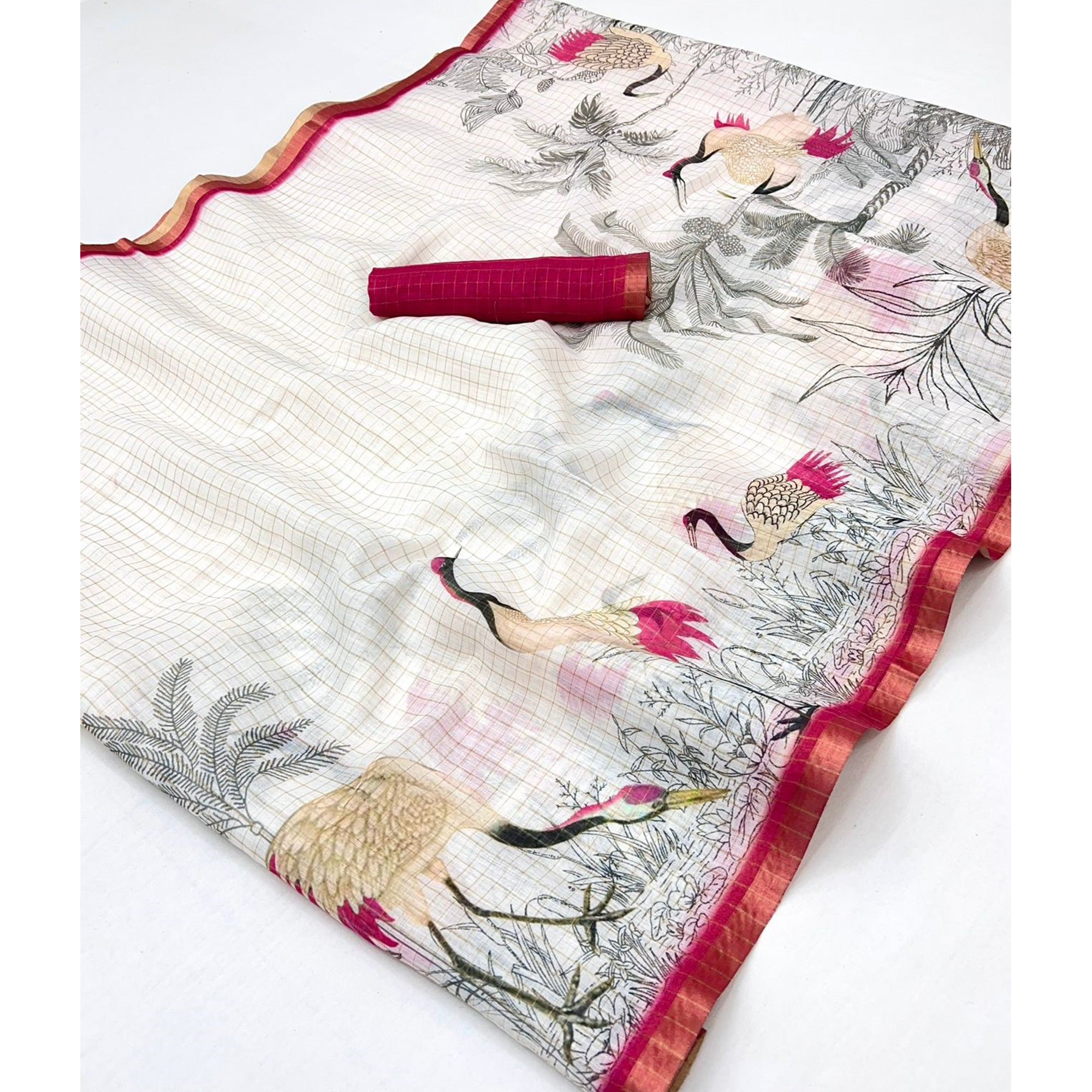 Off White and Pink Checkered Printed Linen Saree with a Breezy Feel