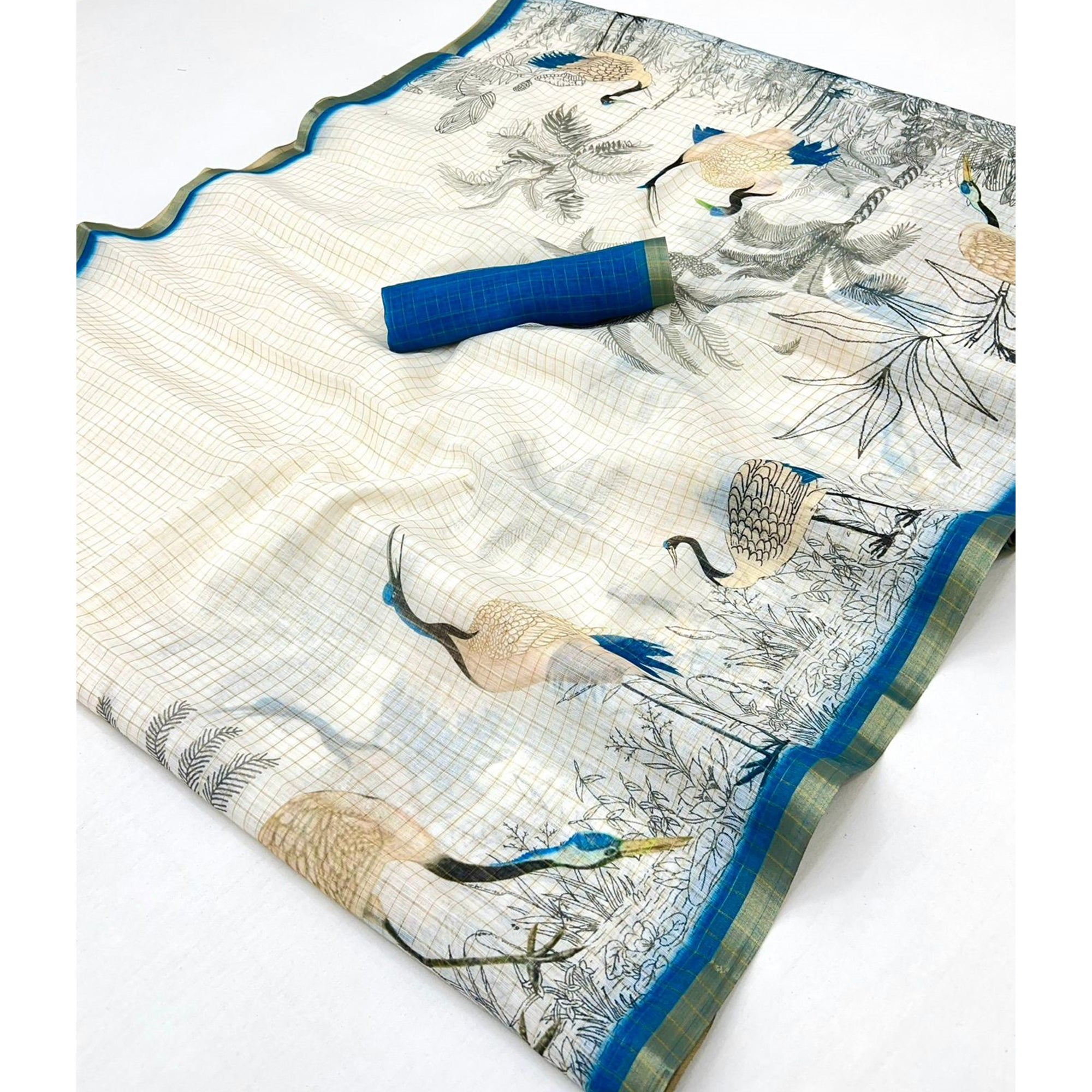 Off White and Blue Checkered Printed Linen Saree with a Breezy Feel