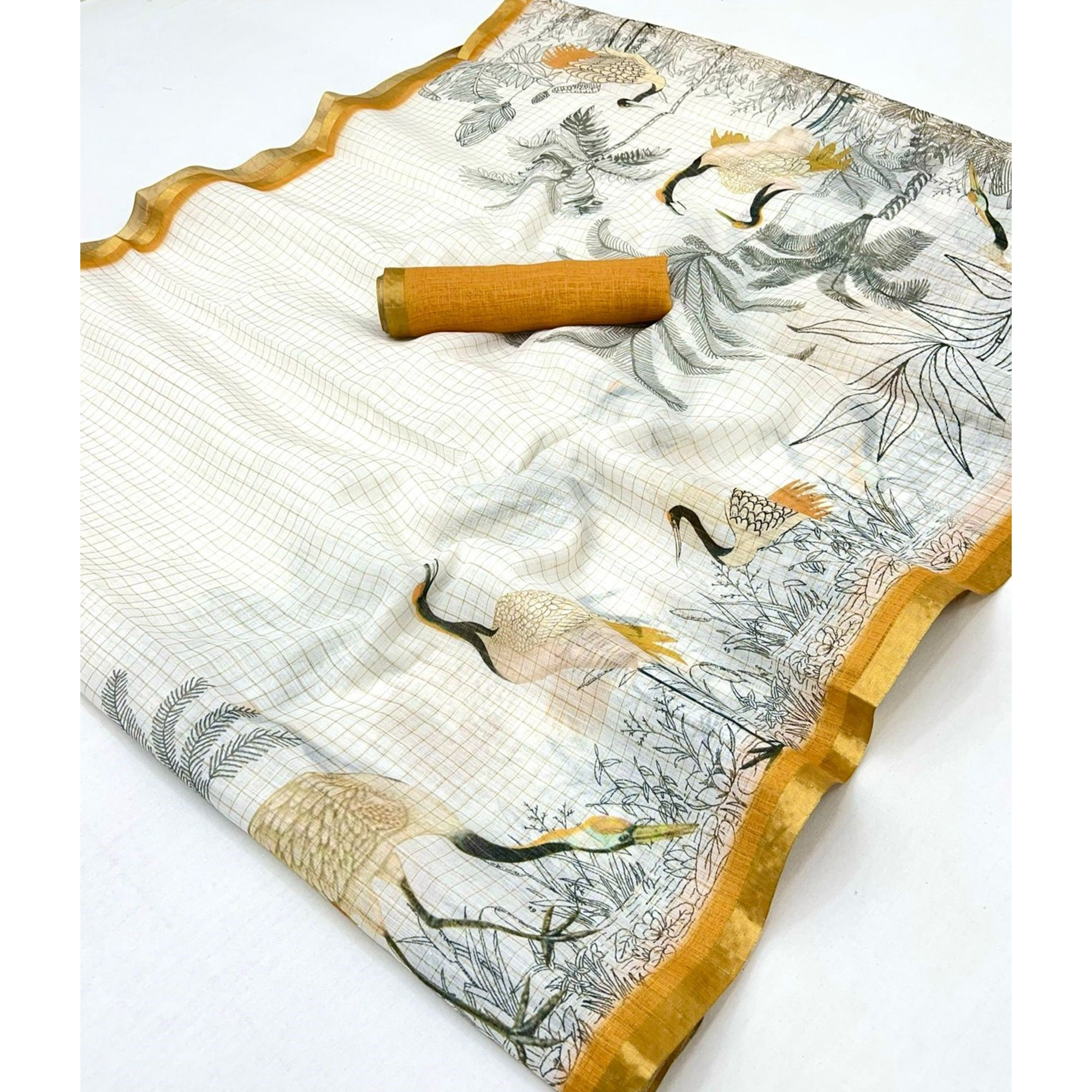 Off White and Mustard Checkered Printed Linen Saree with a Breezy Feel