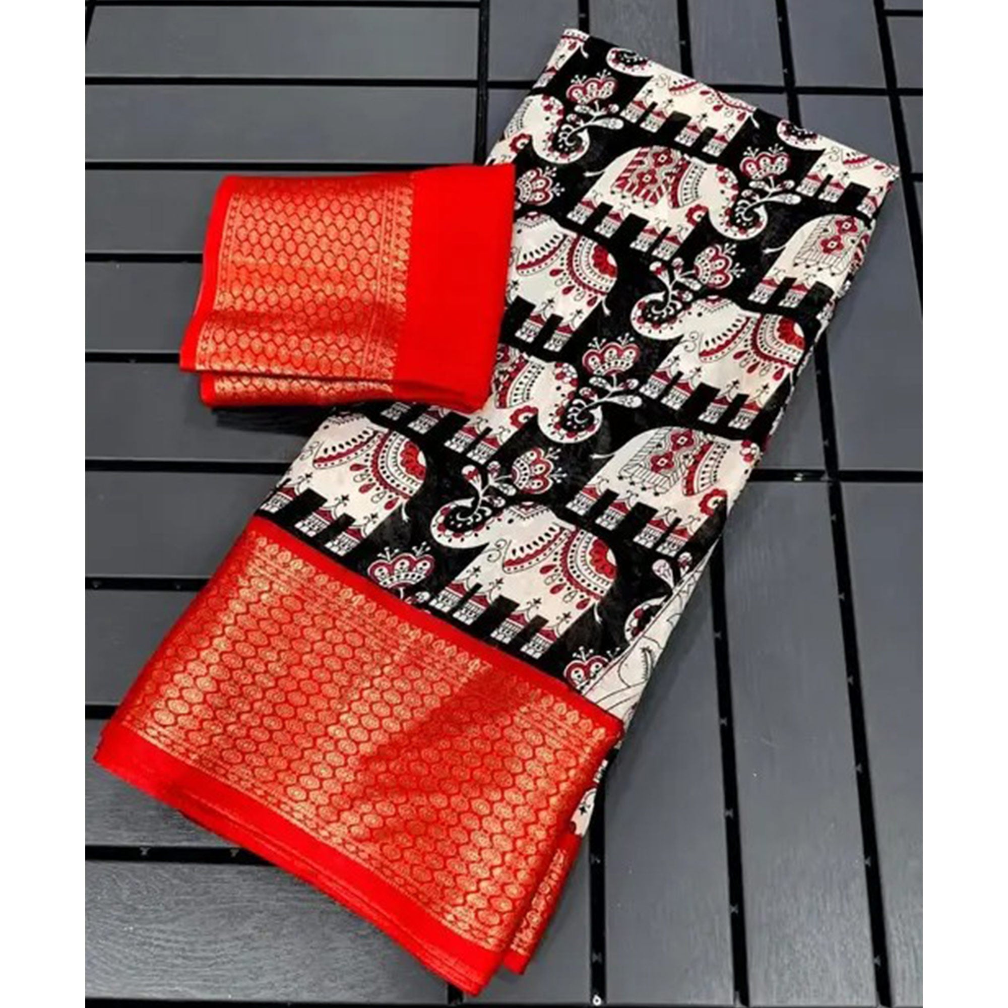 Black & Red Floral Printed Dola Silk Saree With Woven Border