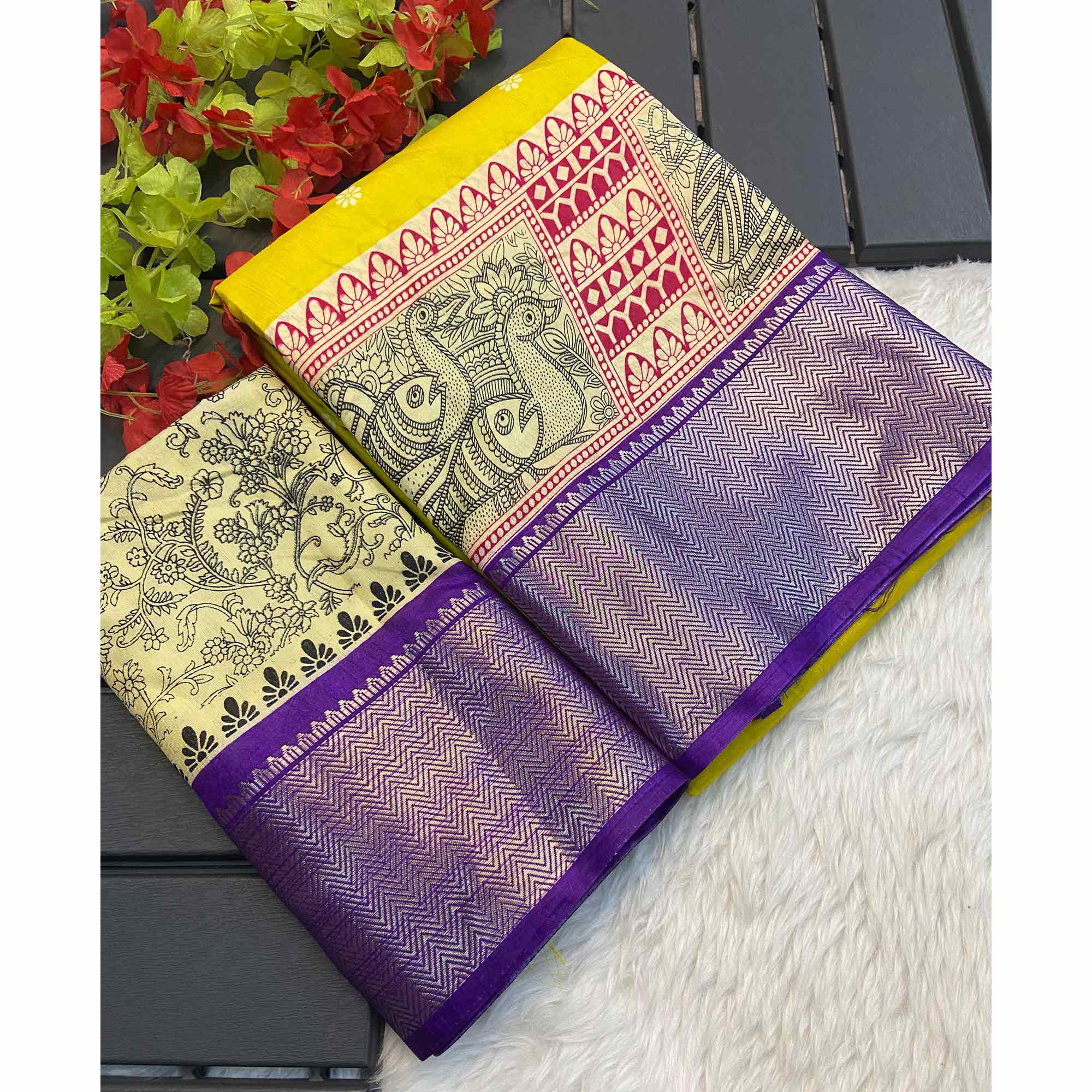 Lemon Yellow & Purple Floral Printed Dola Silk Saree With Woven Border