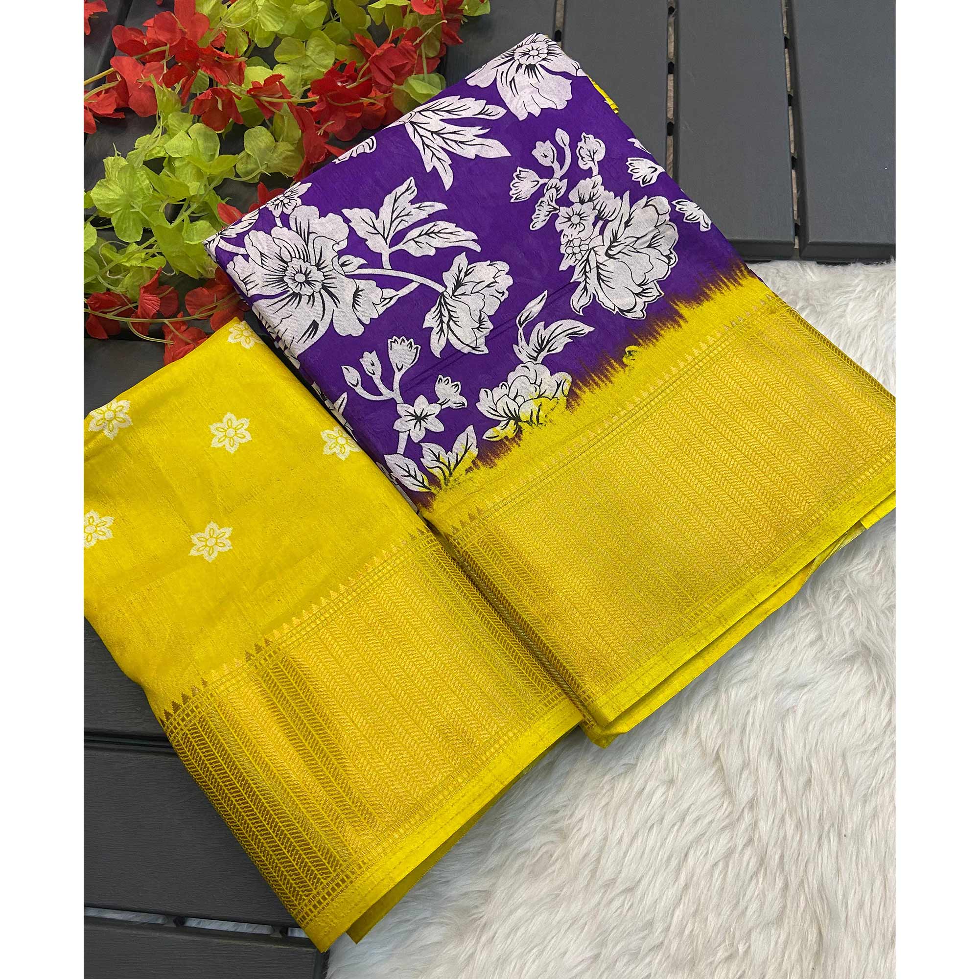 Purple & Yellow Floral Printed Dola Silk Saree With Woven Border