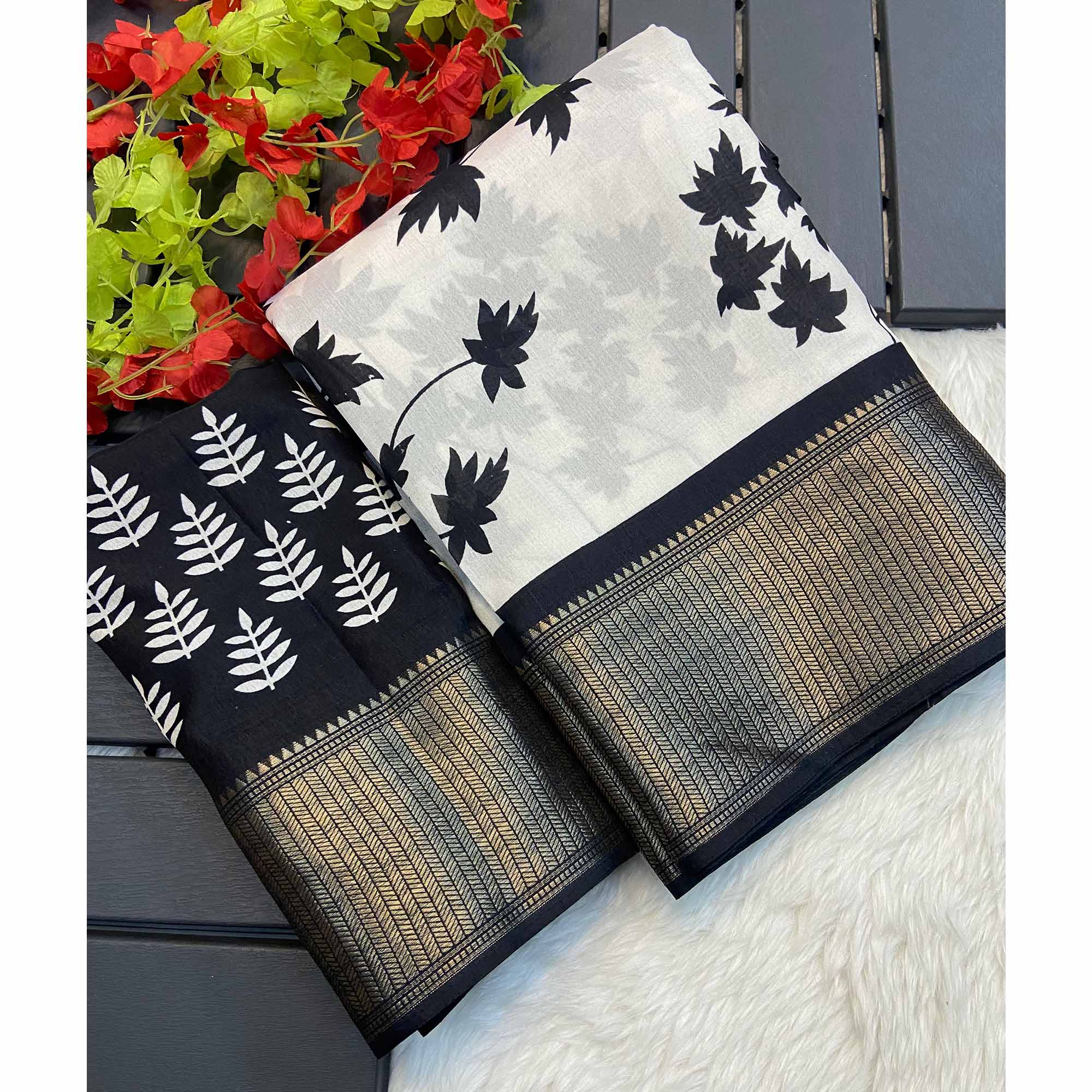 White & Black Floral Printed Dola Silk Saree With Woven Border