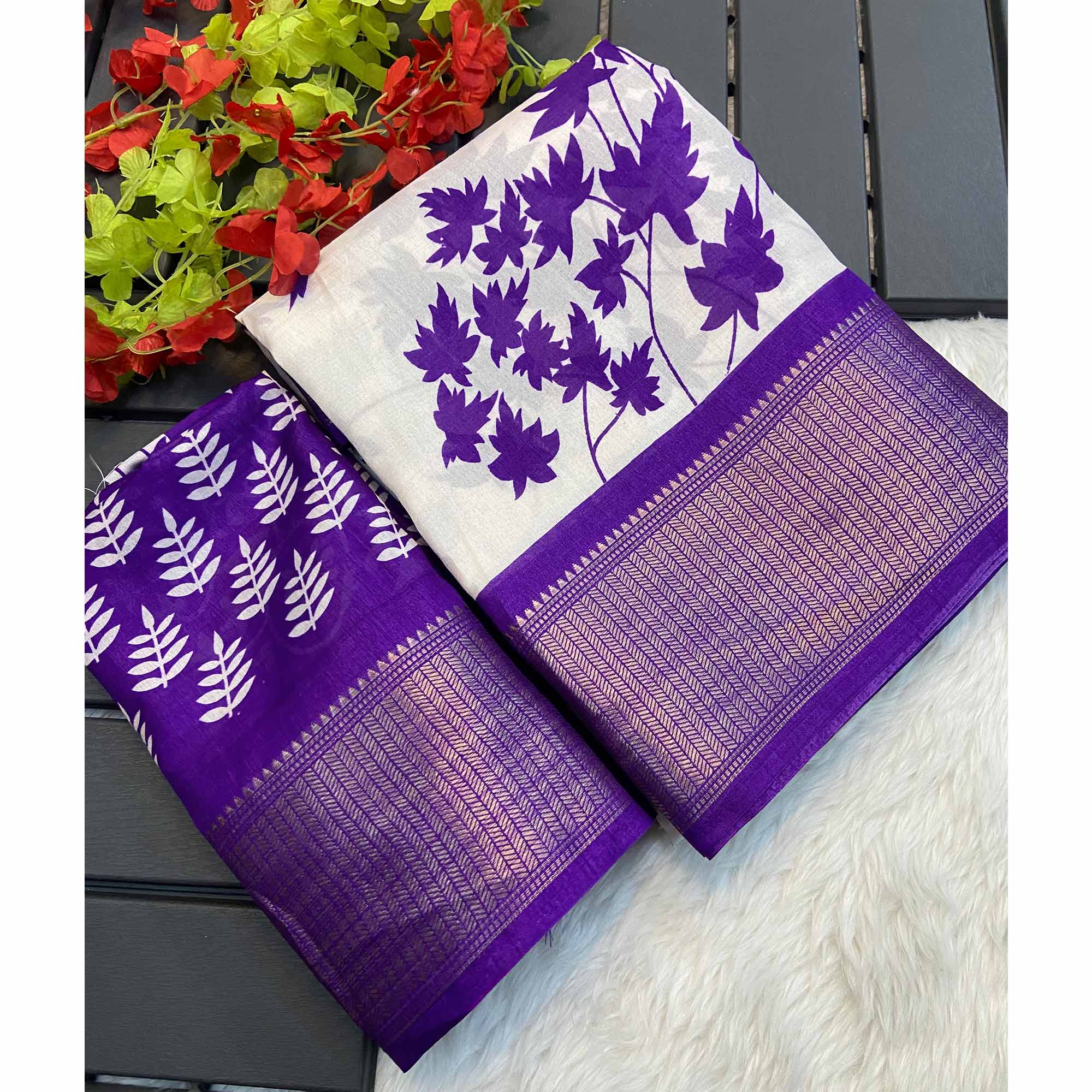 White & Purple Floral Printed Dola Silk Saree With Woven Border