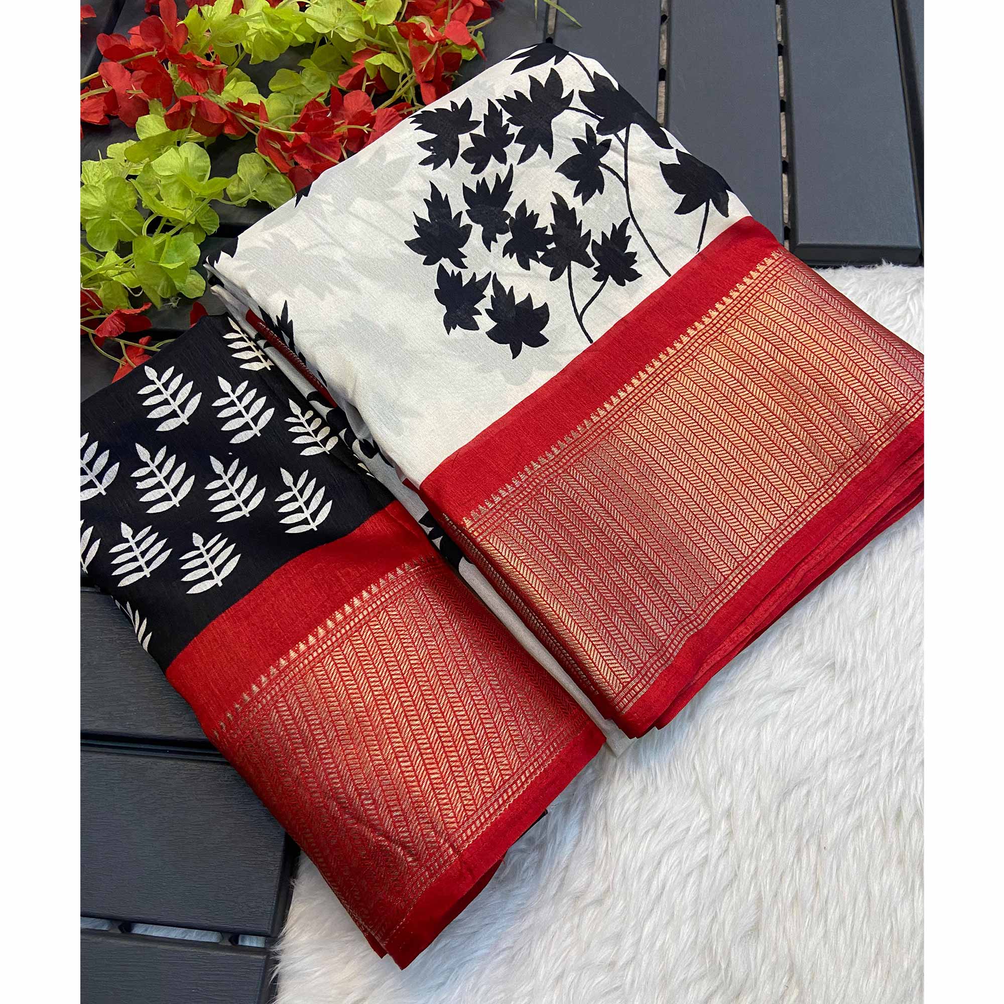 White & Red Floral Printed Dola Silk Saree With Woven Border