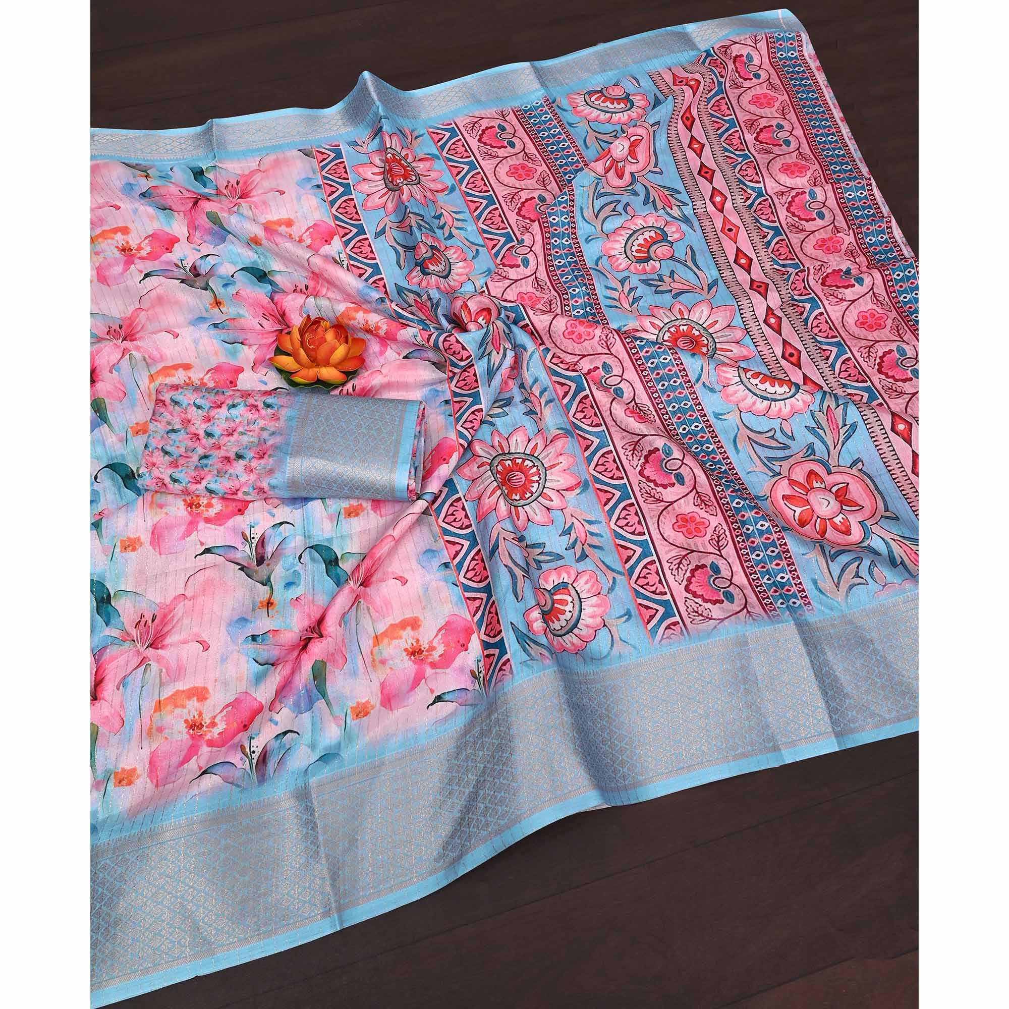 Pink & Blue Floral Printed Dola Silk Saree With Elegant Silver Zari & Intricate Weaving Border